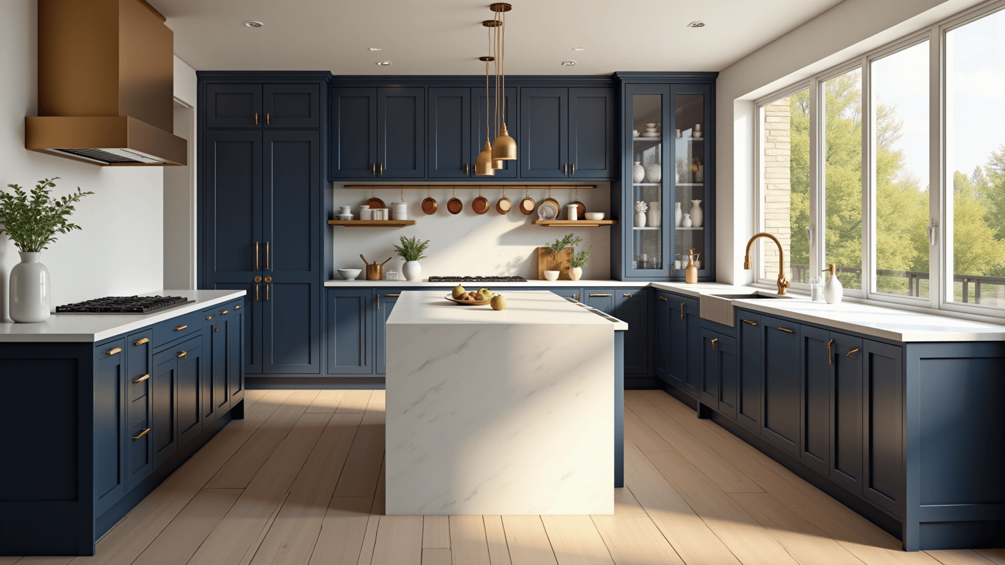 Photorealistic image of a sunlit modern navy kitchen with brass hardware, a white quartz waterfall island, and wide-plank white oak flooring, featuring copper cookware and ceramic vases with herbs, captured in ultra-high resolution with dramatic lighting.