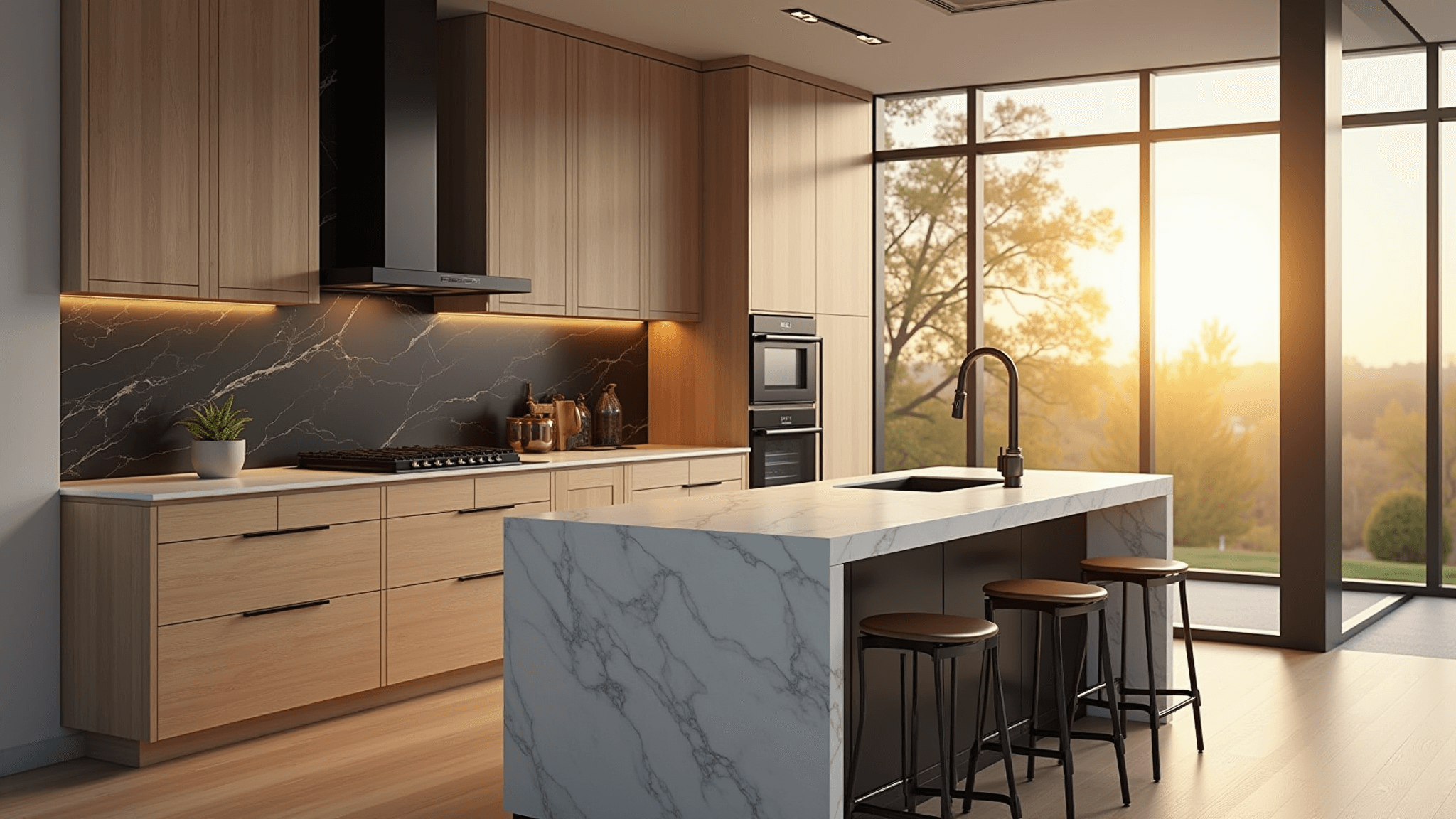 A photorealistic modern kitchen featuring rift-cut white oak cabinets, a marble waterfall island with dramatic veining, and warm golden hour lighting streaming through large windows, emphasizing clean lines and minimal styling.