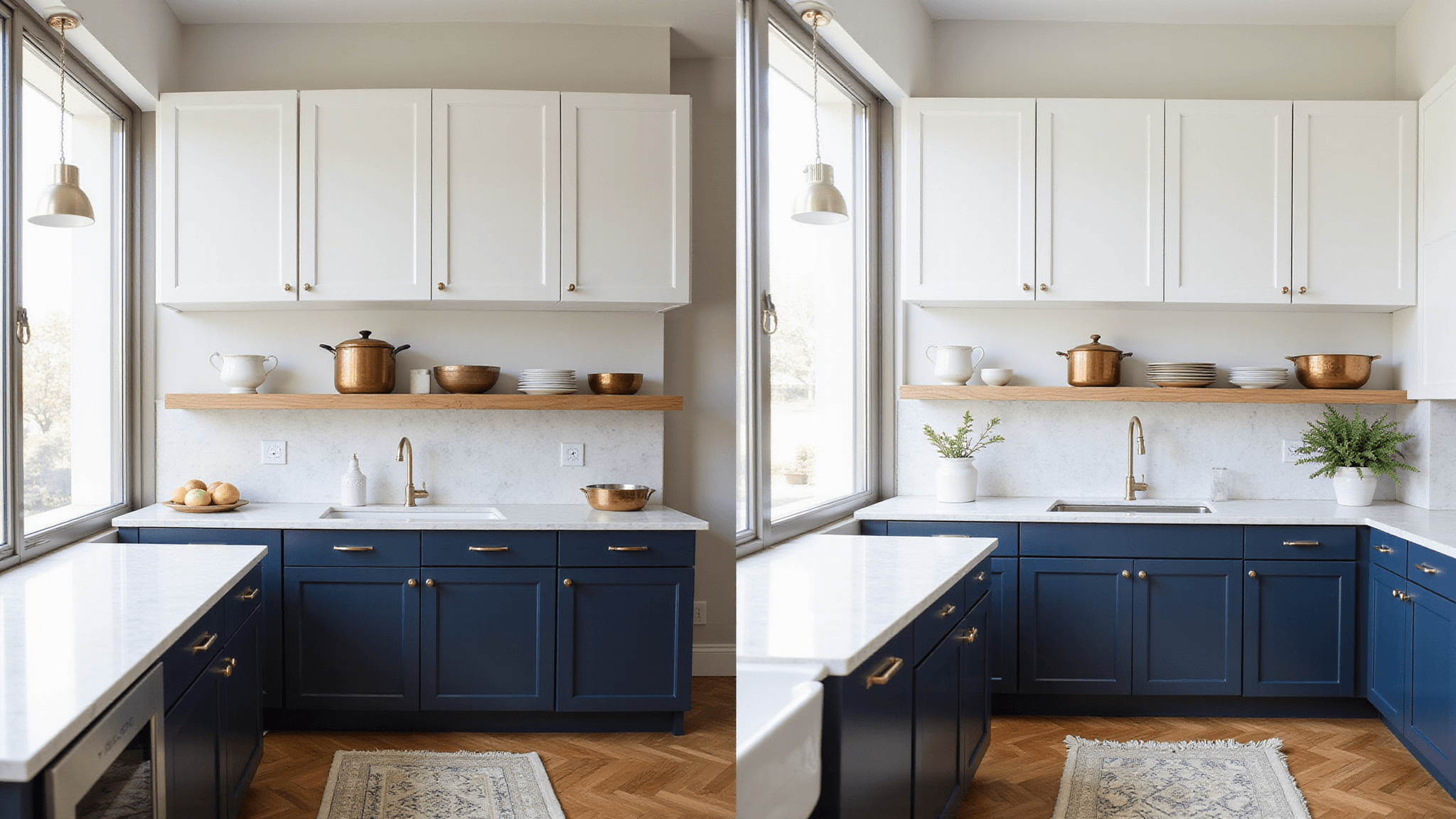 Photorealistic image of a bright and airy kitchen featuring two-tone cabinetry with white upper cabinets and navy blue lower cabinets, complemented by quartz countertops and brushed brass hardware; natural sunlight illuminates the space, highlighting vintage copper cookware on floating oak shelves and herringbone hardwood floors, creating a dramatic before-after transformation in a high-end interior design style.