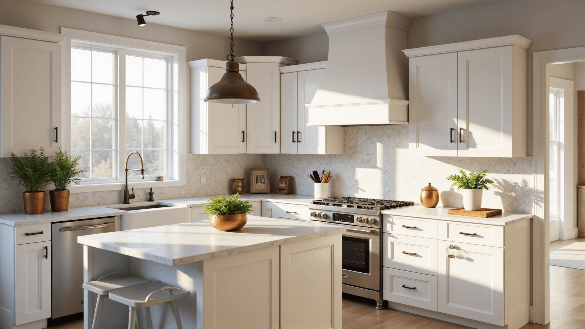 A photorealistic image of a modern white kitchen featuring Shaker cabinets, a herringbone marble backsplash, a waterfall island with Carrara marble countertops, and brushed bronze hardware, illuminated by soft natural light streaming through large windows.