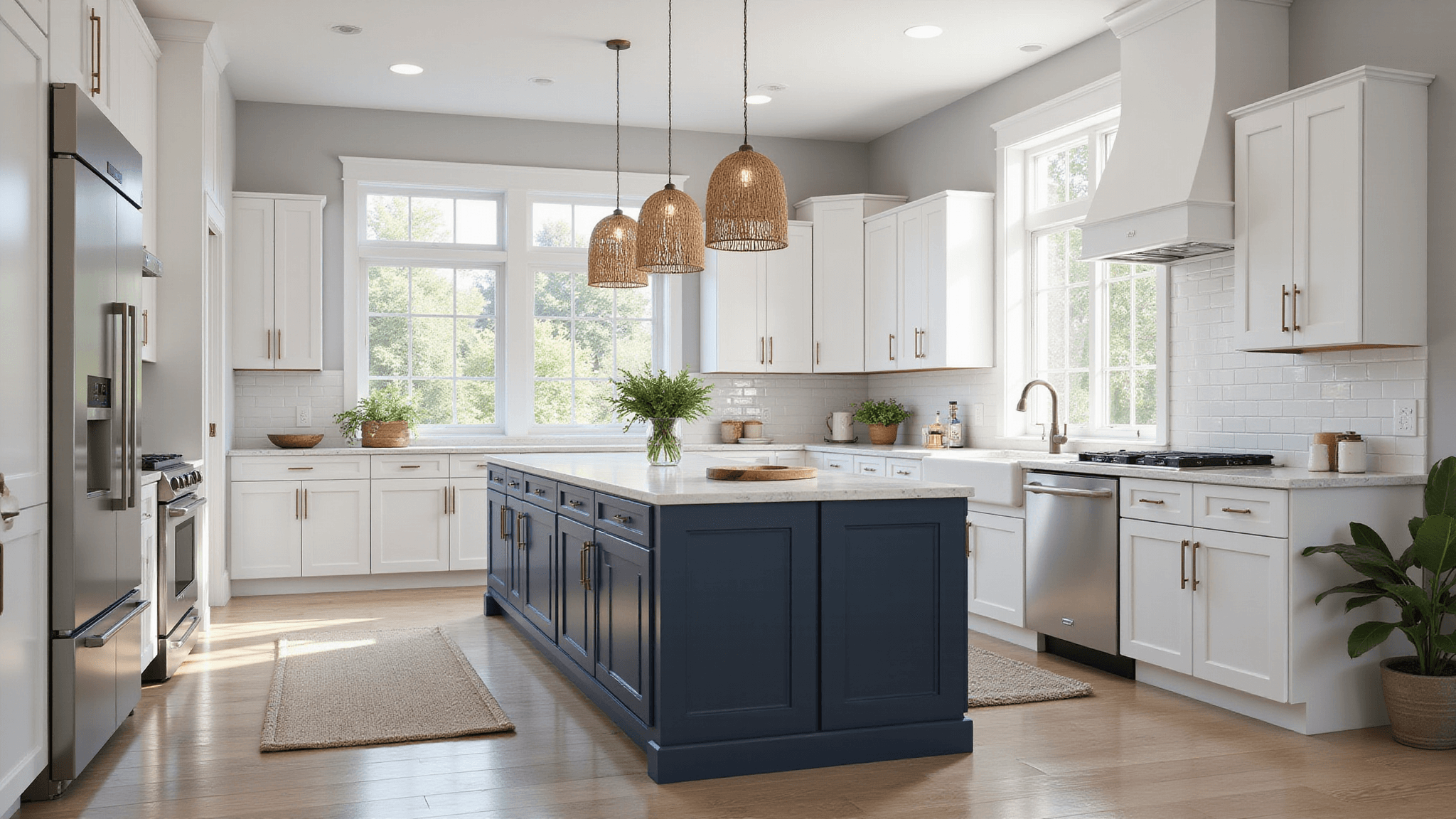 A modern kitchen featuring white shaker cabinets and a contrasting navy blue island, illuminated by morning sunlight with Carrara marble countertops, stainless steel appliances, and natural woven pendant lights, showcasing a stylish blend of copper cookware accents and fresh herbs.