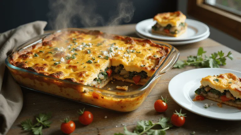 Photorealistic overhead shot of a golden-brown vegetable egg casserole in a glass baking dish, illuminated by natural morning sunlight, showcasing layers of fluffy eggs, vibrant sautéed vegetables, and bubbling melted cheese, with fresh herbs and scattered ingredients on a rustic wooden surface.