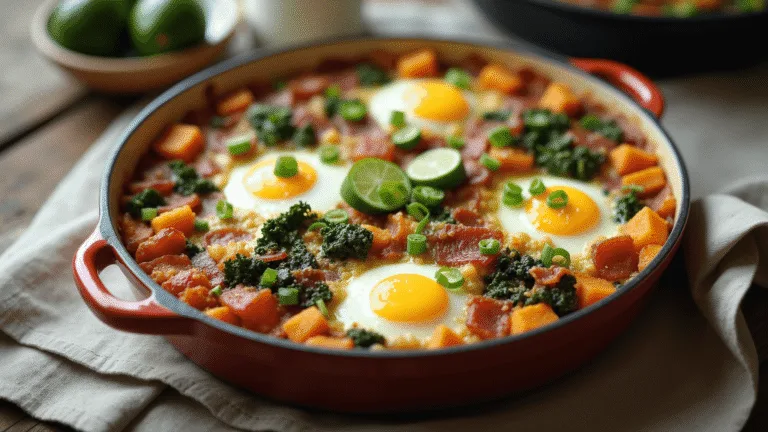 Photorealistic overhead shot of a golden-brown breakfast casserole in a rustic ceramic dish, featuring crispy bacon, roasted sweet potatoes, kale, and eggs, garnished with avocado and herbs, set on a weathered wooden table with morning light.