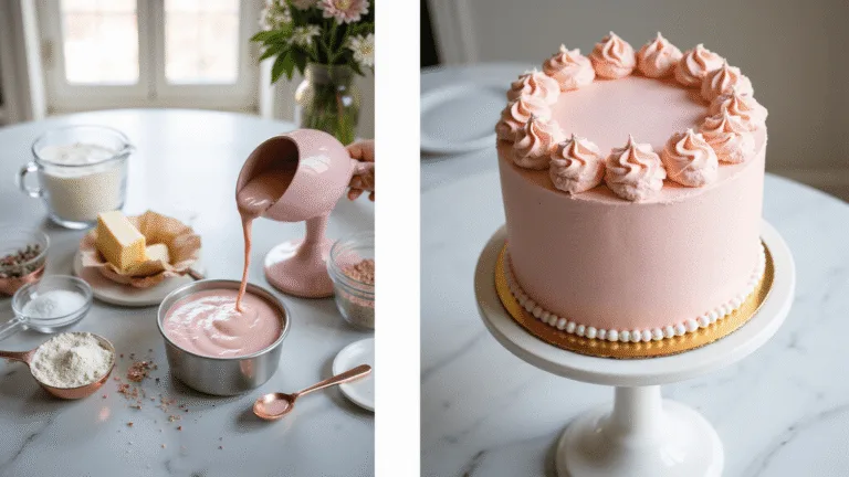 A split-composition image showing the preparation and presentation of a pink bento cake, with the left side featuring pink cake batter being poured into a pan surrounded by ingredients, and the right side showcasing the finished cake on a white ceramic stand, decorated with blush-pink buttercream, rosettes, and edible glitter, all captured in soft natural light.