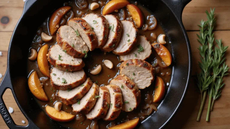 Overhead shot of sliced pork tenderloin medallions spiraled in a cast-iron skillet, surrounded by caramelized Honeycrisp apples and golden-brown onions, garnished with thyme and rosemary, showcasing a rich brown pan sauce and visible steam in a rustic farmhouse setting.
