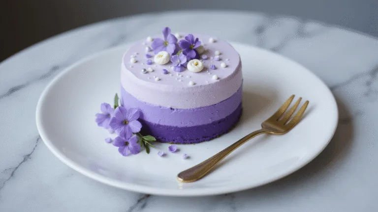A mini purple ombre bento cake on a matte white plate, adorned with delicate white piped flowers, silver dragees, and fresh lilac and pansies, captured in soft, diffused lighting with a blurred marble background.