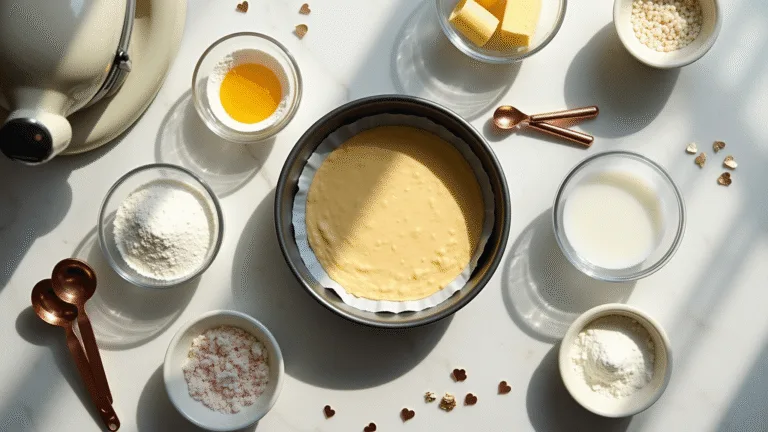 Cinematic overhead shot of baking ingredients on a white marble countertop, featuring a 4-inch round cake pan lined with parchment, glass bowls of flour, butter, sugar, egg, and milk, copper measuring spoons, an electric mixer, and decorative gold sprinkles and fondant, all illuminated by soft natural light.