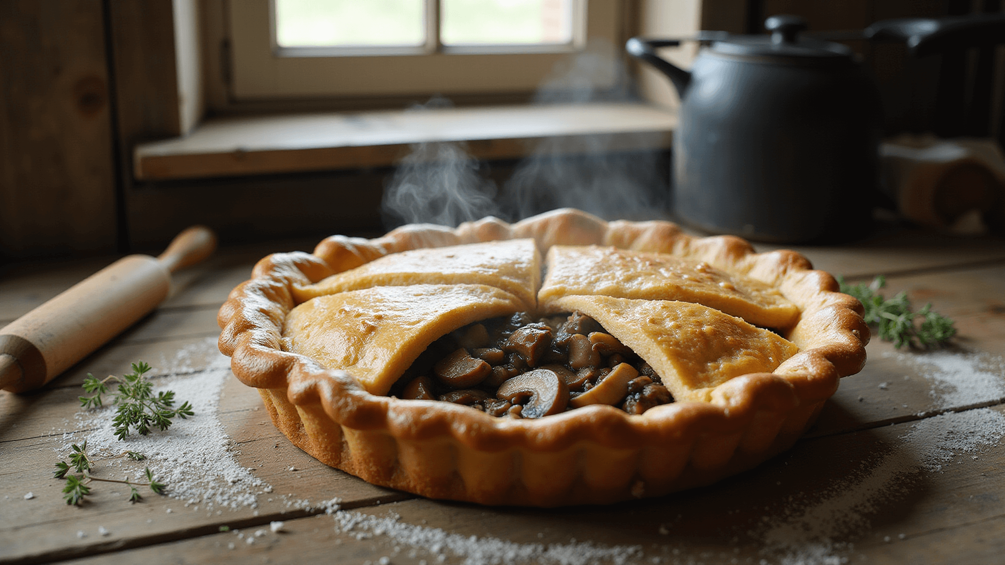 A rustic farmhouse kitchen featuring a freshly baked steak and mushroom pie with a golden-brown puff pastry top, steam rising from the cuts, set on a weathered wooden table with fresh thyme sprigs and a vintage cast iron pot in the background.