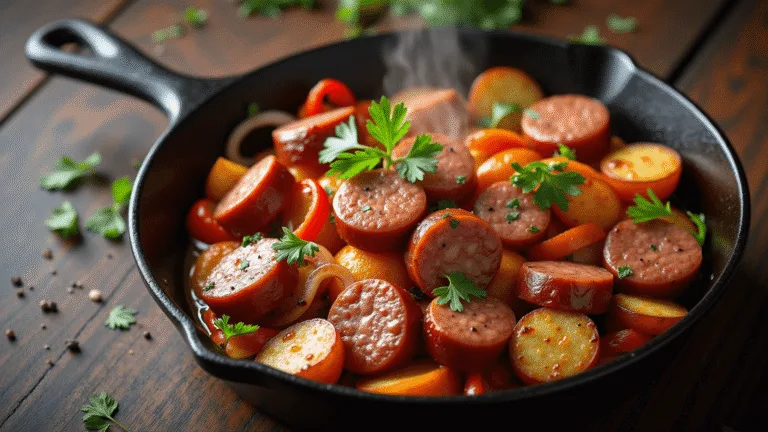 A photorealistic overhead shot of a sizzling cast-iron skillet filled with golden-brown smoked sausage, crispy Yukon gold potatoes, colorful sautéed bell peppers, and caramelized onions, garnished with fresh parsley on a dark rustic wooden surface.