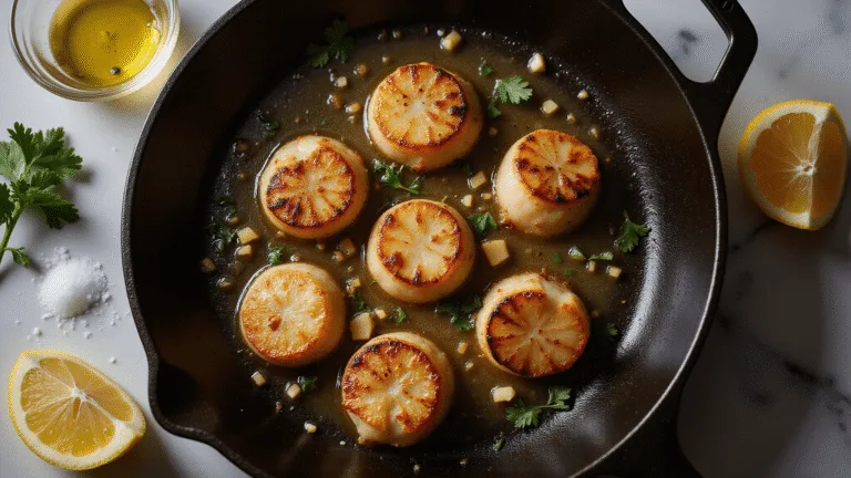 Cinematic overhead shot of seared scallops in a cast-iron skillet, glistening with lemon-butter sauce, garnished with parsley and garlic, showcasing rich textures and warm lighting.