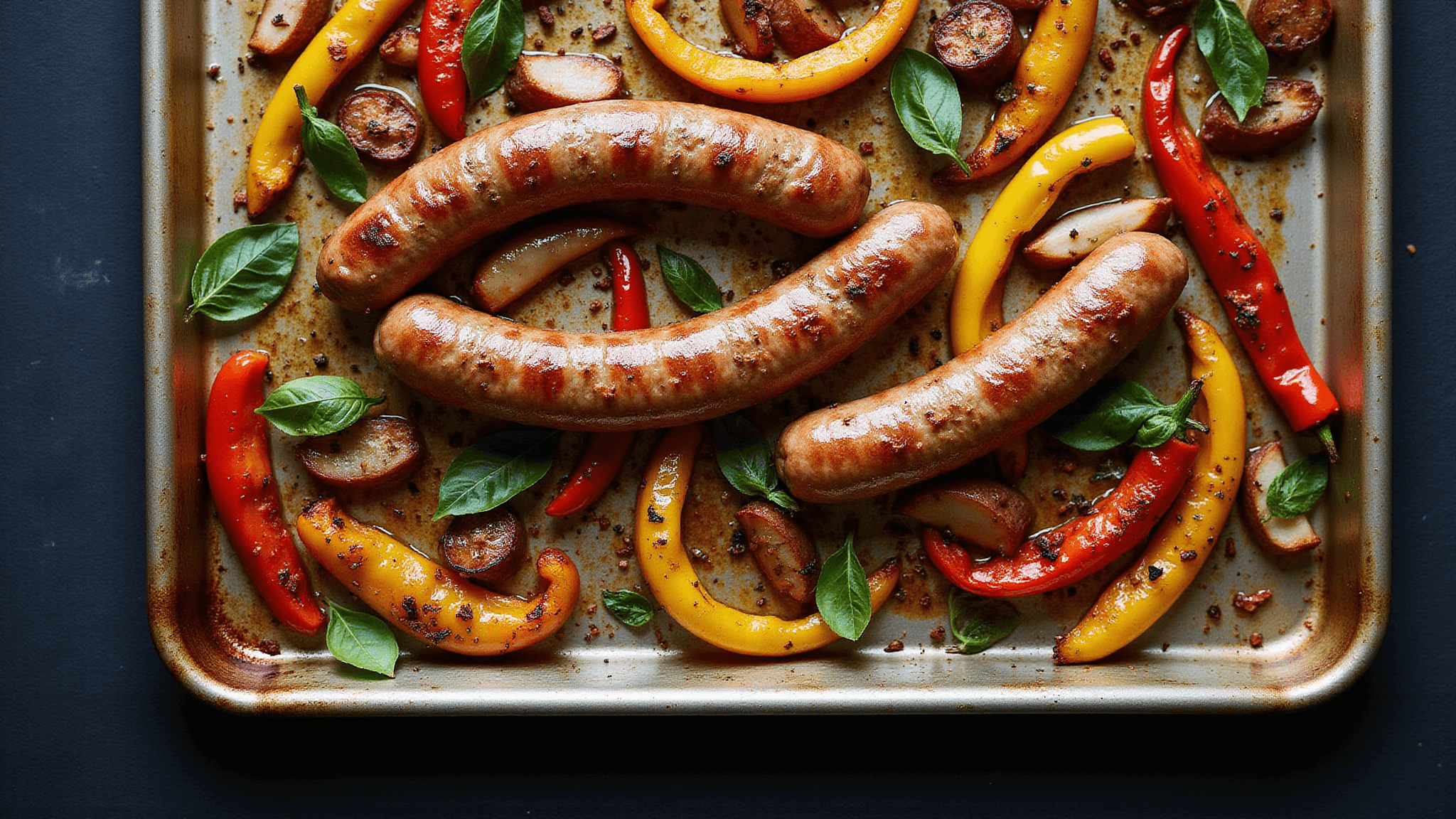 Rustic sheet pan dinner featuring golden-brown Italian sausages surrounded by vibrant caramelized bell peppers and translucent onion rings, with fresh basil leaves and oregano, captured in natural lighting on a textured metal baking sheet.
