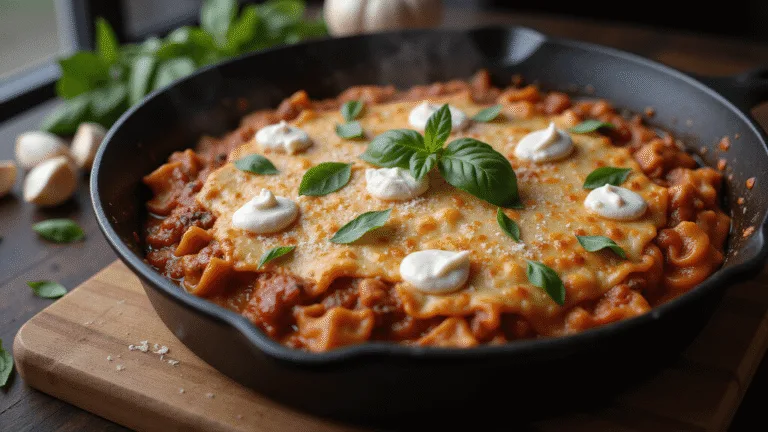 A rustic cast-iron skillet filled with bubbling lasagna, featuring melted mozzarella, layers of pasta and meat sauce, creamy ricotta, fresh basil, and grated Parmesan, all in a warm, moody atmosphere with natural window light.