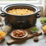 Overhead shot of a rustic farmhouse kitchen counter with ingredients for a slow cooker breakfast casserole, including hash browns, eggs, bacon, bell peppers, cheese, and green onions, with morning sunlight illuminating the scene.