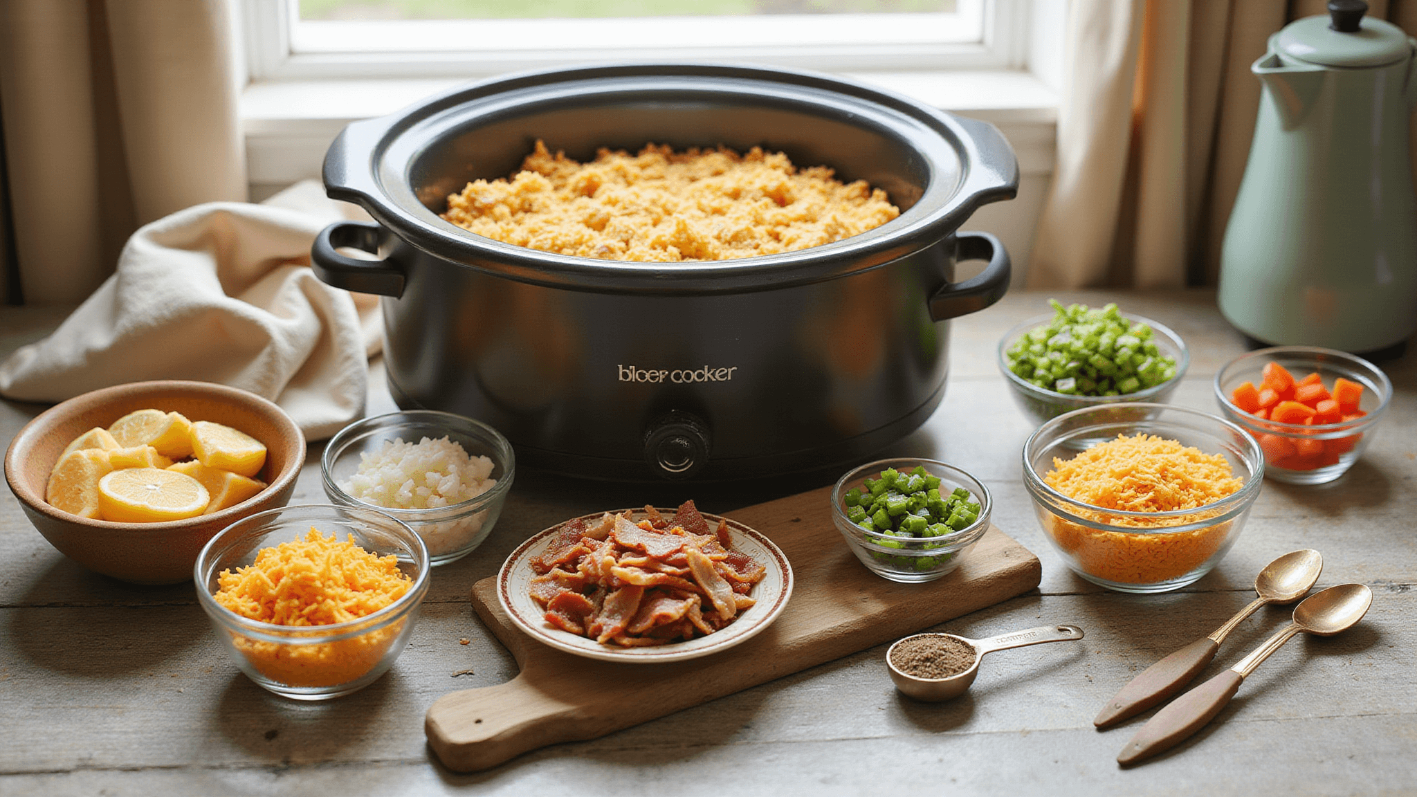 Overhead shot of a rustic farmhouse kitchen counter with ingredients for a slow cooker breakfast casserole, including hash browns, eggs, bacon, bell peppers, cheese, and green onions, with morning sunlight illuminating the scene.