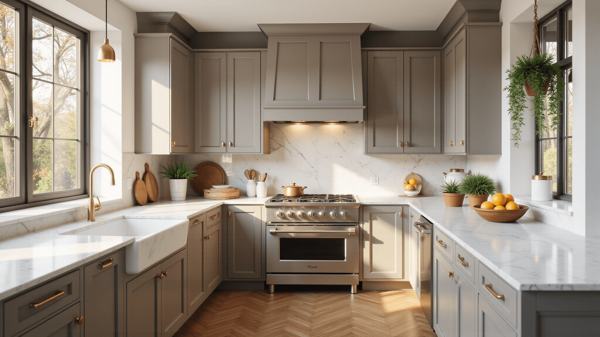 Photorealistic image of a sunlit modern kitchen with taupe Shaker cabinets, a white Carrara marble waterfall island, and brass accents, featuring herringbone oak floors and fresh herbs in terracotta pots, captured in golden hour lighting with hyper-detailed textures.