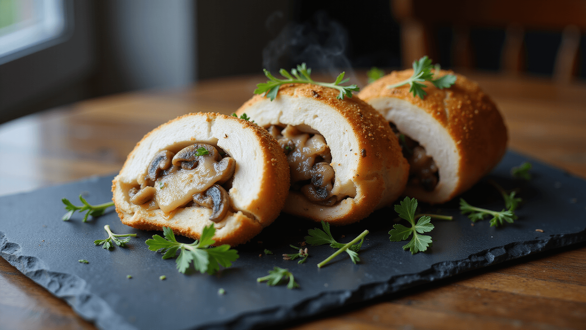 A gourmet presentation of a sliced chicken breast stuffed with melted Swiss cheese and cremini mushrooms, served on a matte black slate plate, with fresh thyme and caramelized onions, captured in high detail with dramatic lighting and steam rising.
