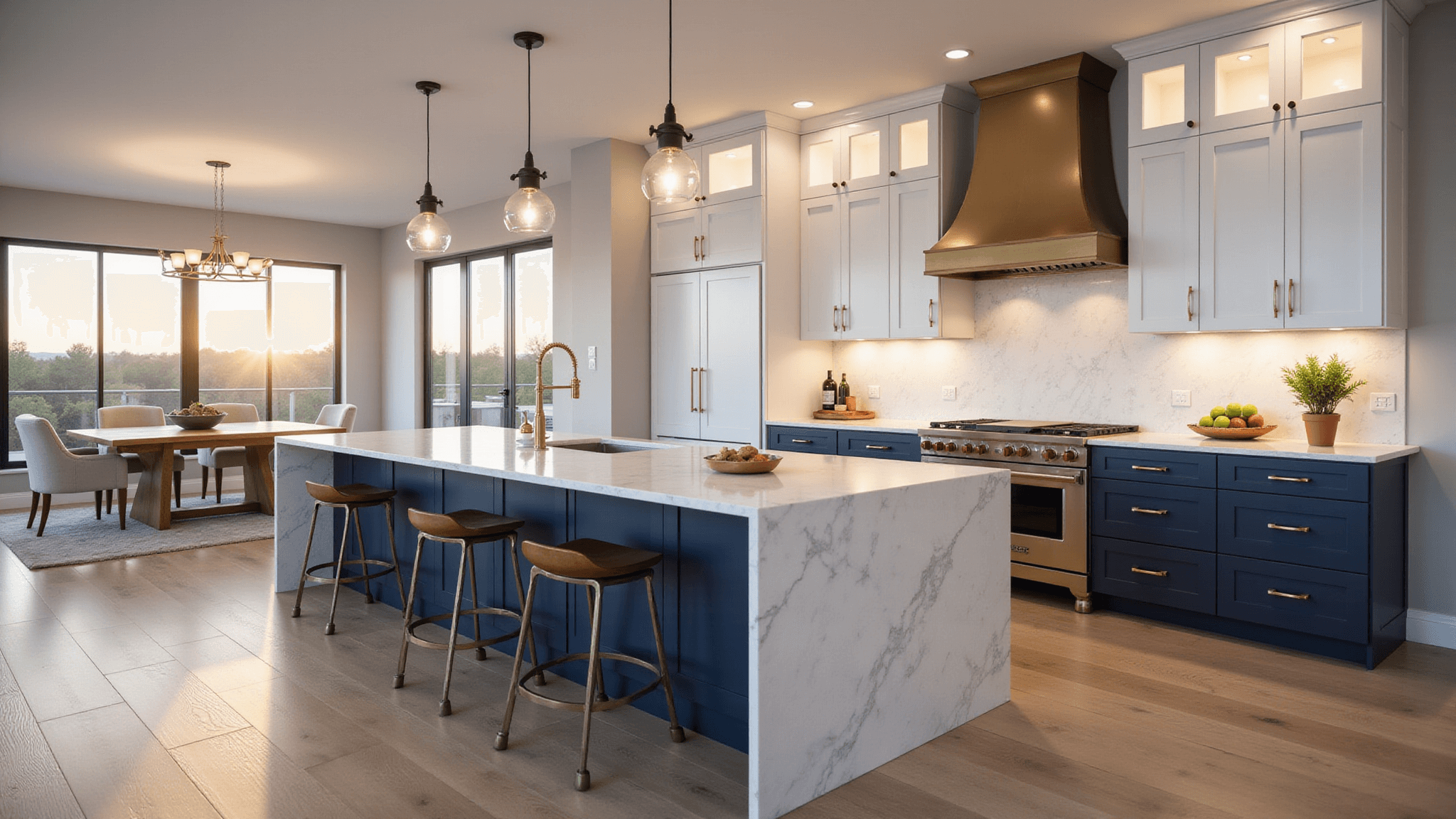 A contemporary kitchen featuring navy blue lower cabinets and white upper cabinets, with a marble waterfall island and brushed brass hardware, illuminated by golden hour light through floor-to-ceiling windows.