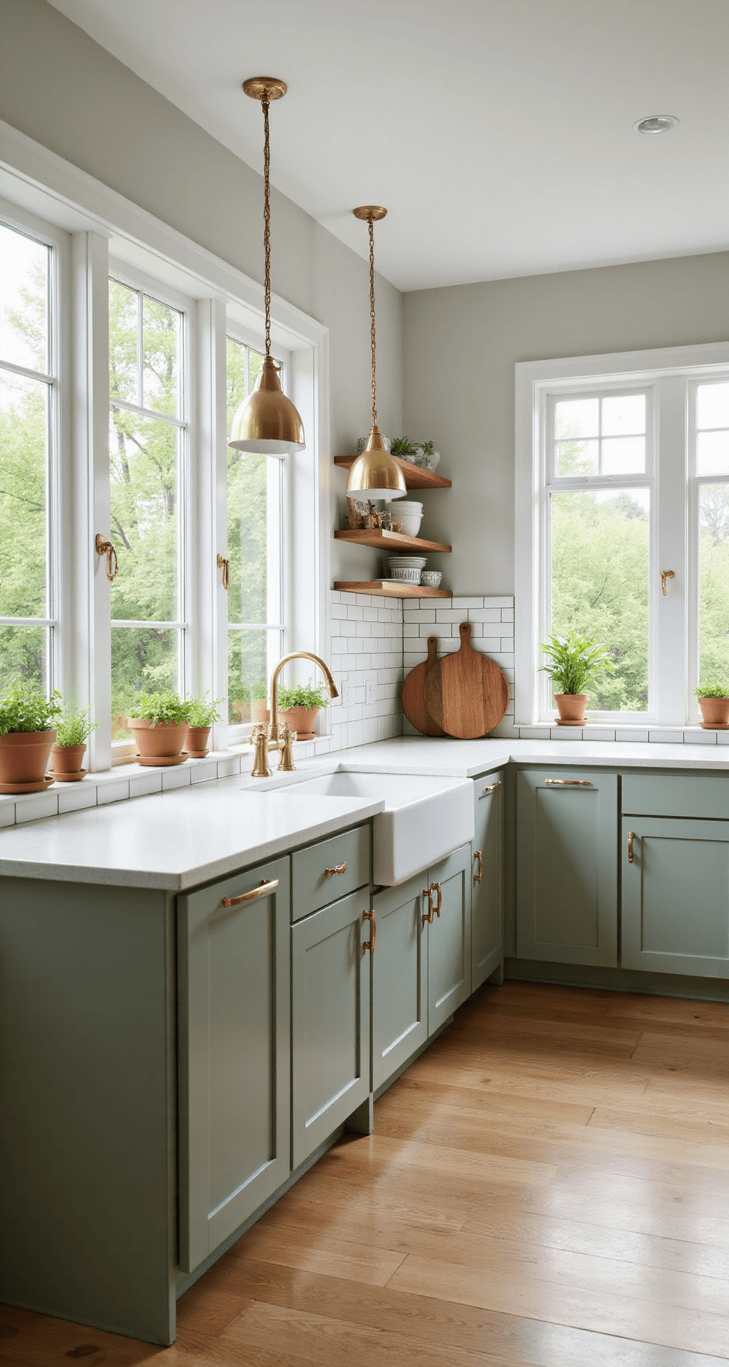 A modern kitchen featuring sage green shaker cabinets, white quartz countertops, and a large island with waterfall edges, illuminated by morning light through floor-to-ceiling windows. Natural white oak floors, terracotta pots with fresh herbs on windowsills, and a collection of wooden cutting boards against a subway tile backsplash, captured at a 45-degree angle with a soft background blur.