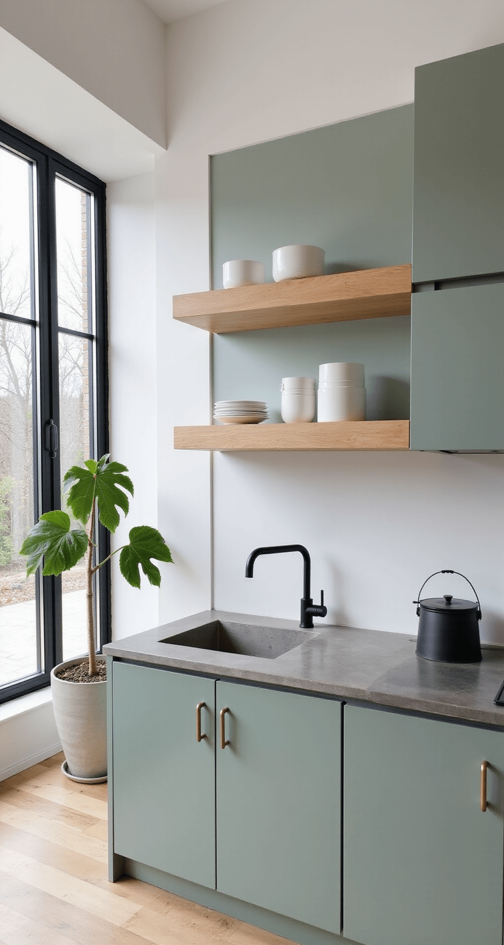 Minimalist Scandinavian kitchen with sage flat-panel cabinets, pale ash wood shelves, concrete countertops, black matte fixtures, and a large window wall allowing diffused northern light, featuring a potted fiddle leaf fig for a touch of nature.