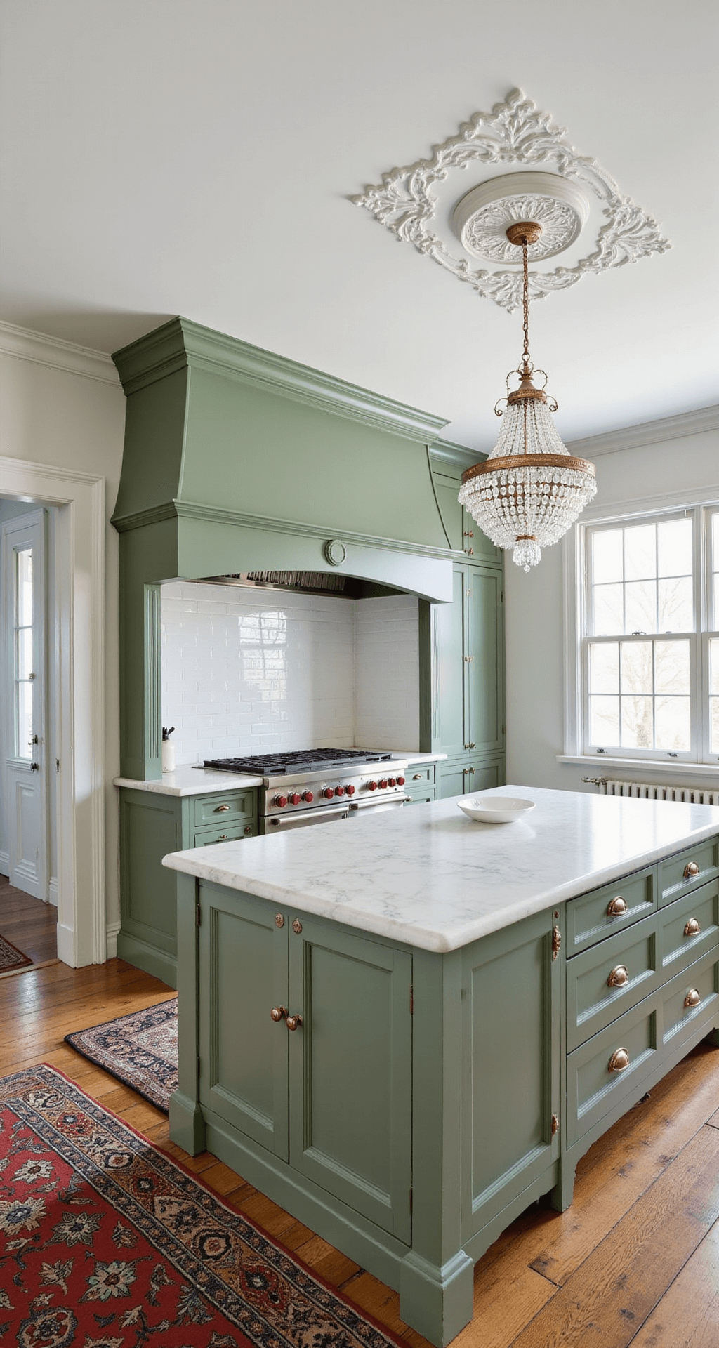 A stately kitchen featuring sage green inset cabinets, original Victorian elements, and elegant touches like a crystal chandelier and white marble counters, captured from the doorway to highlight architectural details.