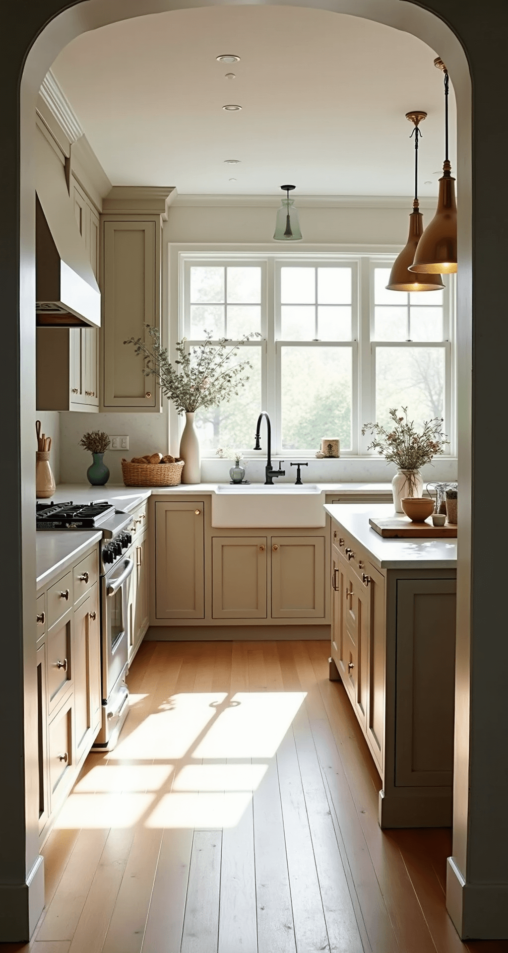 A sunlit kitchen featuring beige shaker-style cabinets, Carrara marble countertops, and a center island with a farmhouse sink, adorned with vintage brass pendants, artisanal vases, and eucalyptus sprigs, all set on wide-plank white oak flooring.