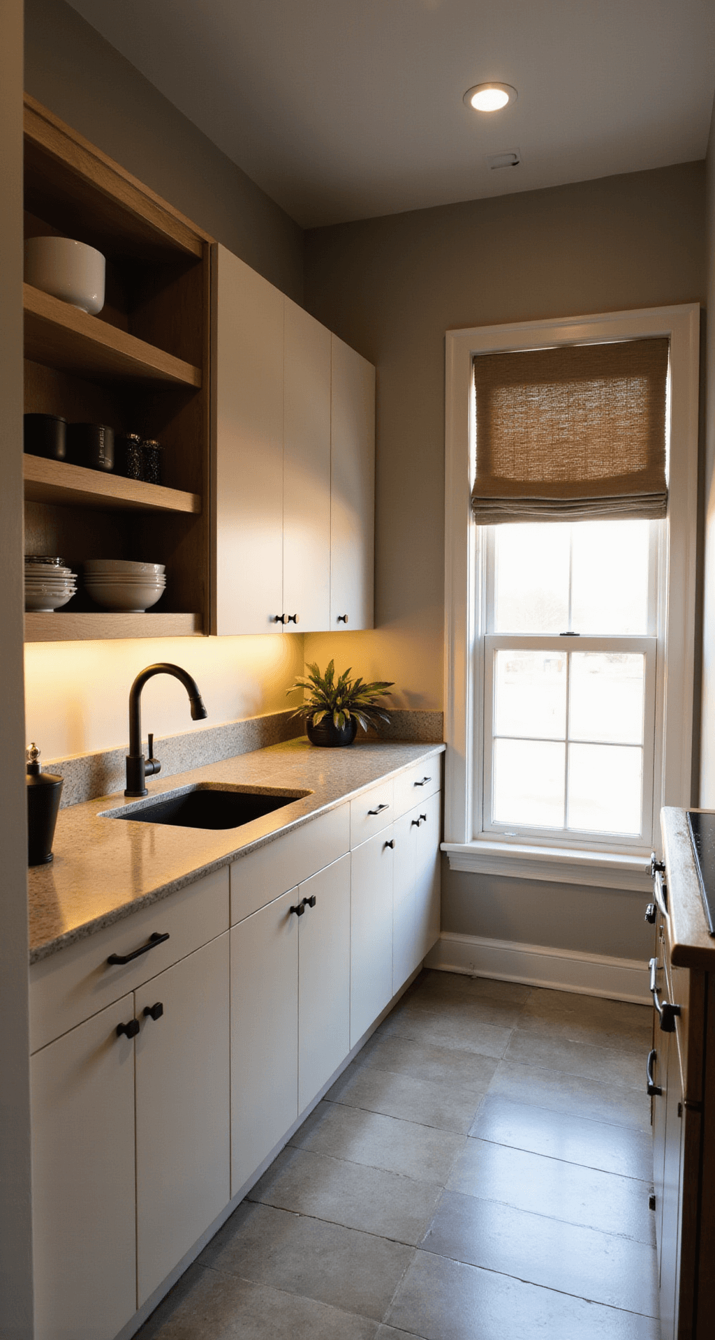 Cozy galley kitchen photographed during golden hour, featuring beige flat-panel cabinets with minimalist matte black hardware, soft gray quartz countertops, and under-cabinet lighting casting dramatic shadows. Open shelving displays matte black and natural wood accessories, with a textured linen roman shade filtering warm light, captured from an elevated angle.