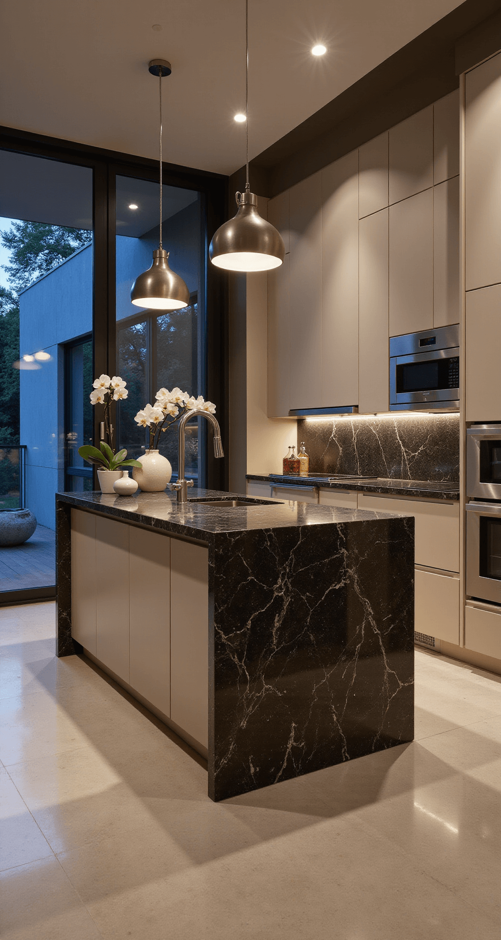 Modern L-shaped kitchen with beige slab cabinets, dark veined marble island, and brushed chrome appliances, featuring geometric pendant lights, minimalist decor, and large sliding glass doors reflecting evening light.