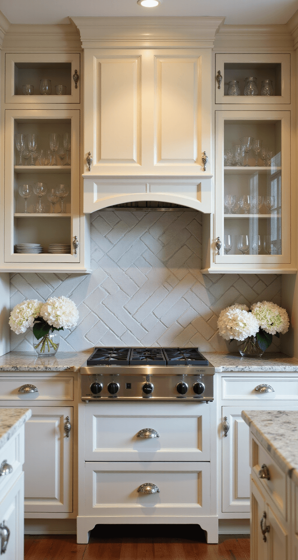 Traditional kitchen featuring beige raised-panel cabinets with chrome handles, cream granite countertops, and a herringbone tile backsplash. Elegant glass-front upper cabinets display crystal stemware, complemented by an ornate custom range hood with corbels. Antique silver accessories and white hydrangeas add a touch of sophistication, illuminated by afternoon light.
