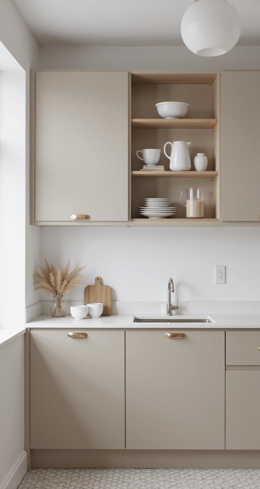 A Scandinavian-inspired kitchen featuring beige handleless cabinets, white solid surface countertops, pale wood open shelving, and minimalist frosted glass pendant lights, styled with white ceramics and dried pampas grass, set against geometric cement tile flooring, captured in natural light from a low angle.