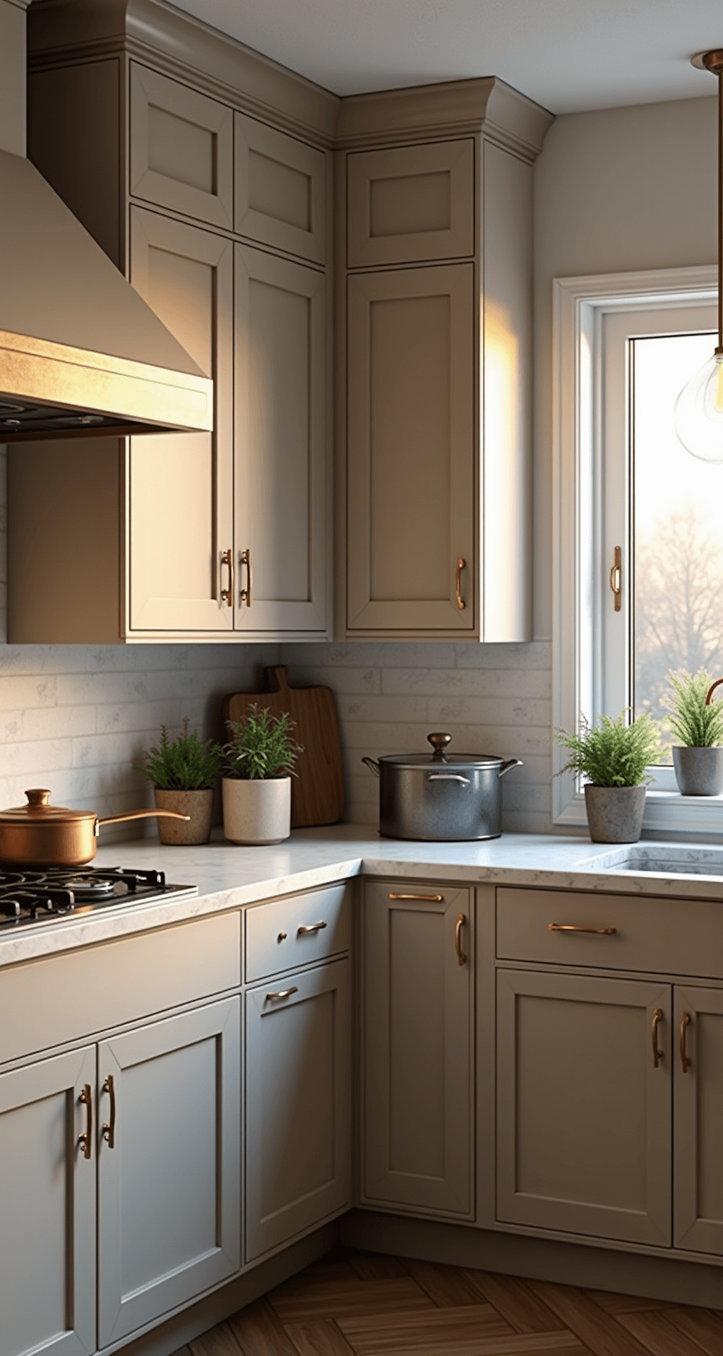 A transitional kitchen featuring two-tone beige cabinets, quartz countertops with a waterfall edge, mixed metal accents, and styled with copper cookware and potted herbs, captured at sunset with dramatic side lighting from an elevated corner angle.