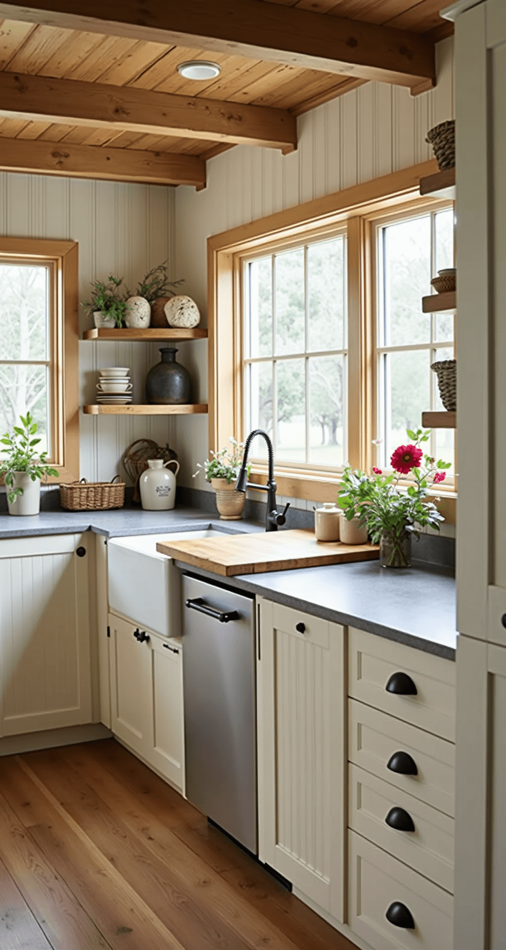 A cozy farmhouse kitchen featuring beige beadboard cabinets, butcher block and soapstone countertops, and an apron sink with a bridge faucet, illuminated by morning light and warm practical lighting, with vintage decor and wide-plank pine flooring.