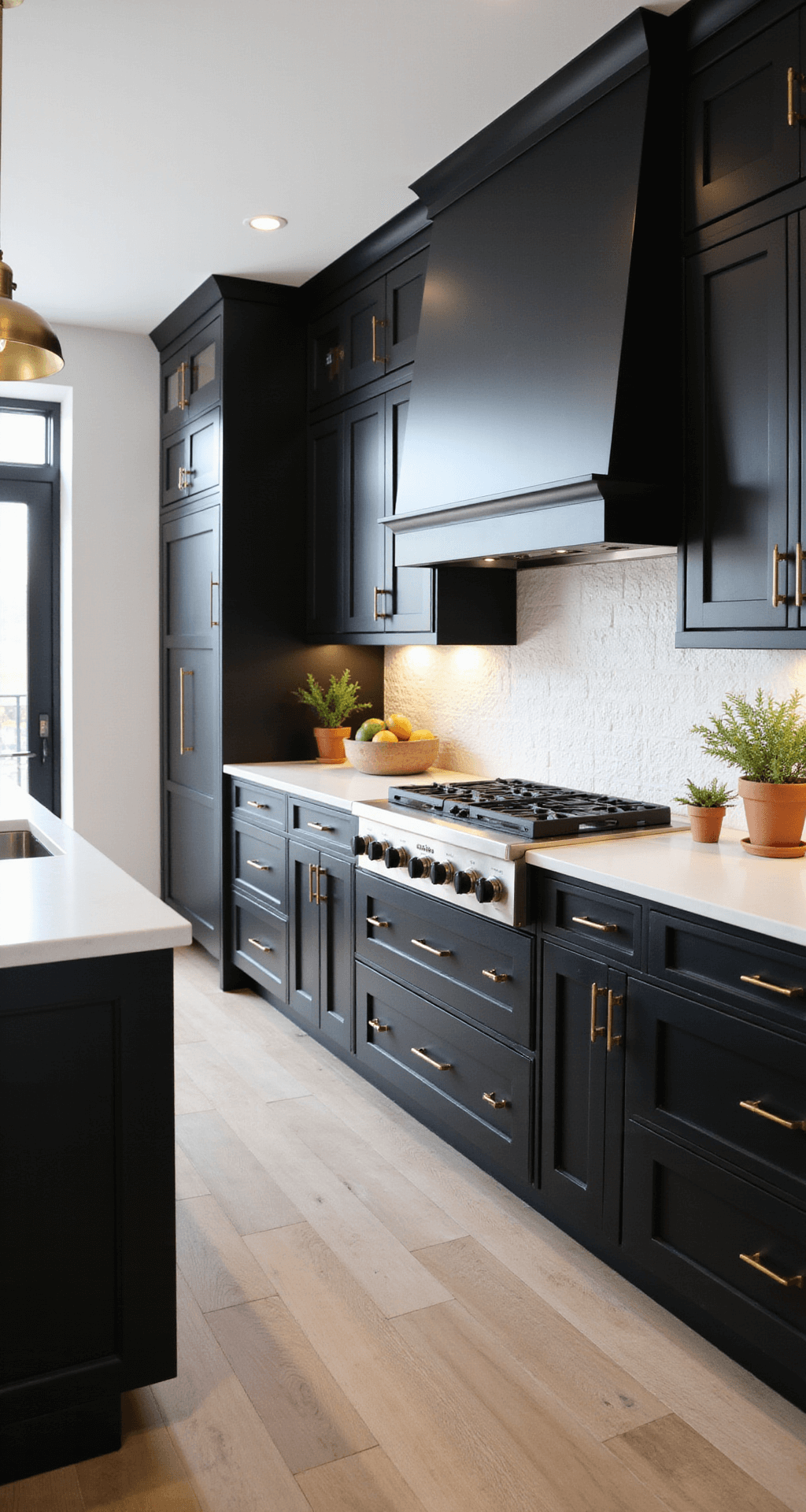 A spacious contemporary kitchen with matte black cabinets, white quartz countertops, and a waterfall edge island, illuminated by morning light through floor-to-ceiling windows, featuring brass pendant lights and a textured white zellige tile backsplash.