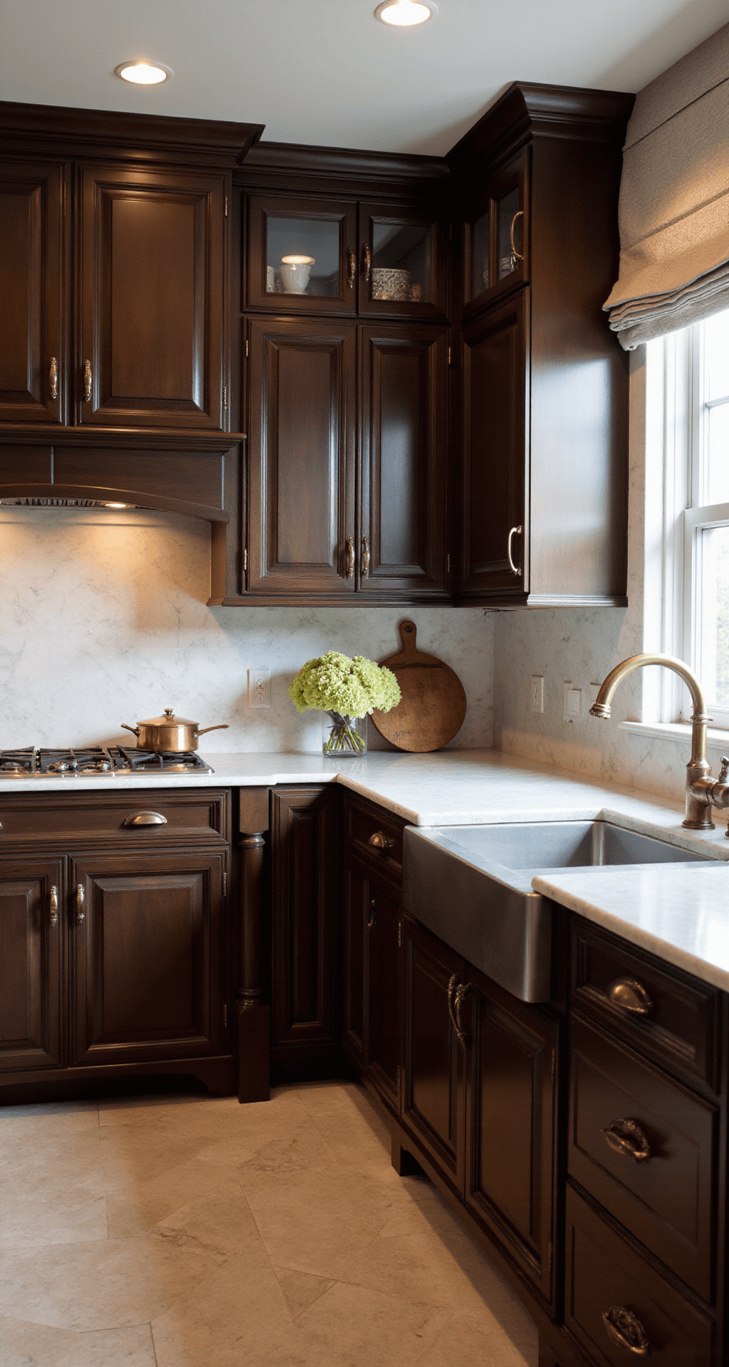 An elegant L-shaped kitchen illuminated by golden hour light, featuring rich espresso-stained cabinets with glass uppers, Calacatta marble countertops, and antique brass accents, styled with copper cookware and fresh hydrangeas.