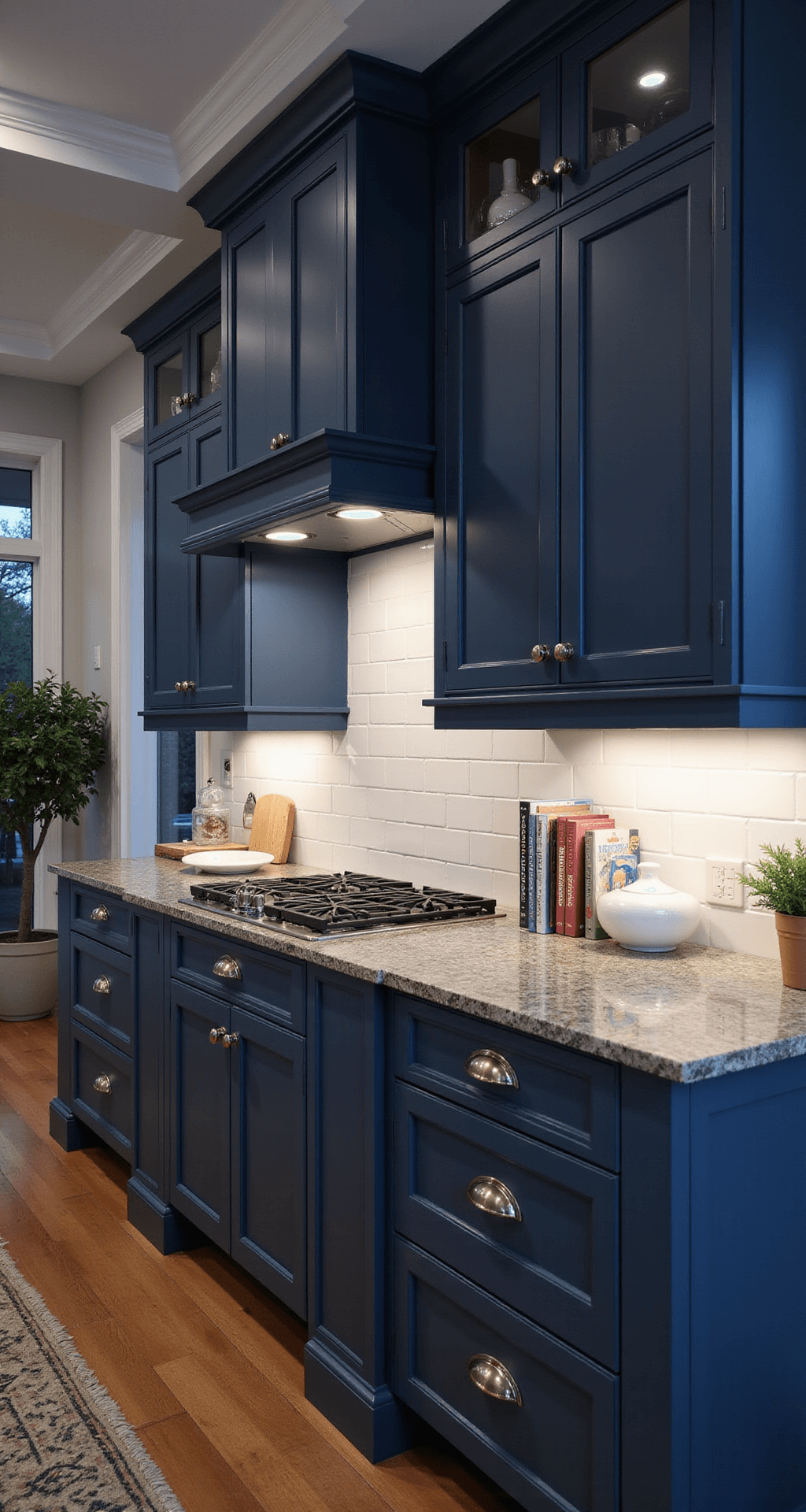 A moody kitchen at dusk featuring naval blue shaker cabinets with brushed nickel hardware, honed ash grey granite countertops, and a white subway tile backsplash. Industrial pendant fixtures provide soft ambient light, illuminating a potted olive tree and styled cookbooks, while dramatic side lighting enhances the cabinet profiles.