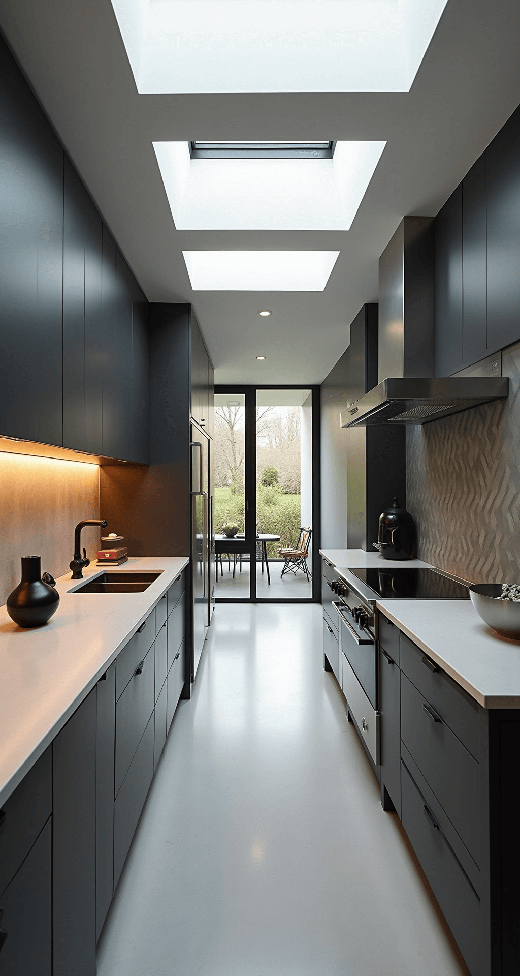 A modern galley kitchen featuring 8ft high charcoal grey flat-panel cabinets, stainless steel appliances, and concrete countertops, illuminated by morning light from skylights, with a geometric grey and white tile backsplash, styled with black matte ceramics, minimalist art, and a steel fruit bowl, shot from an end perspective with under-cabinet lighting enhancing depth.