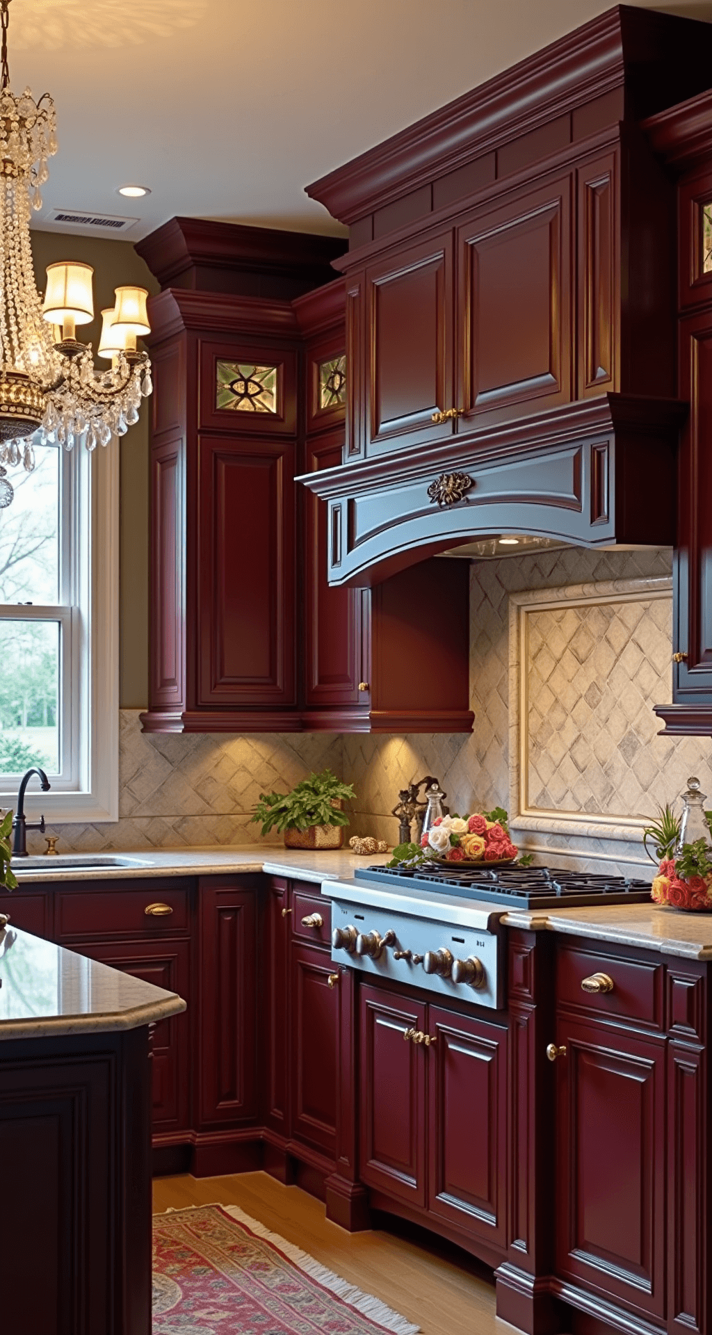 Luxurious kitchen with deep burgundy cabinets, crystal chandelier, polished marble countertops, and antiqued mirror backsplash, styled with fresh roses and vintage silver, capturing grandeur and elegance.