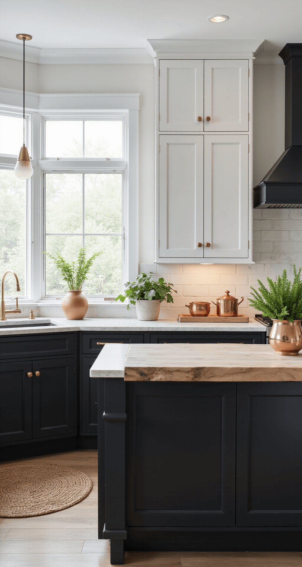 A transitional kitchen featuring two-tone cabinetry with lower cabinets in Tricorn Black and upper cabinets in crisp white, illuminated by natural light from bay windows, showcasing quartzite countertops with dramatic veining, a butcher block center island, and accented with brass hardware, copper pots, and fresh greenery.