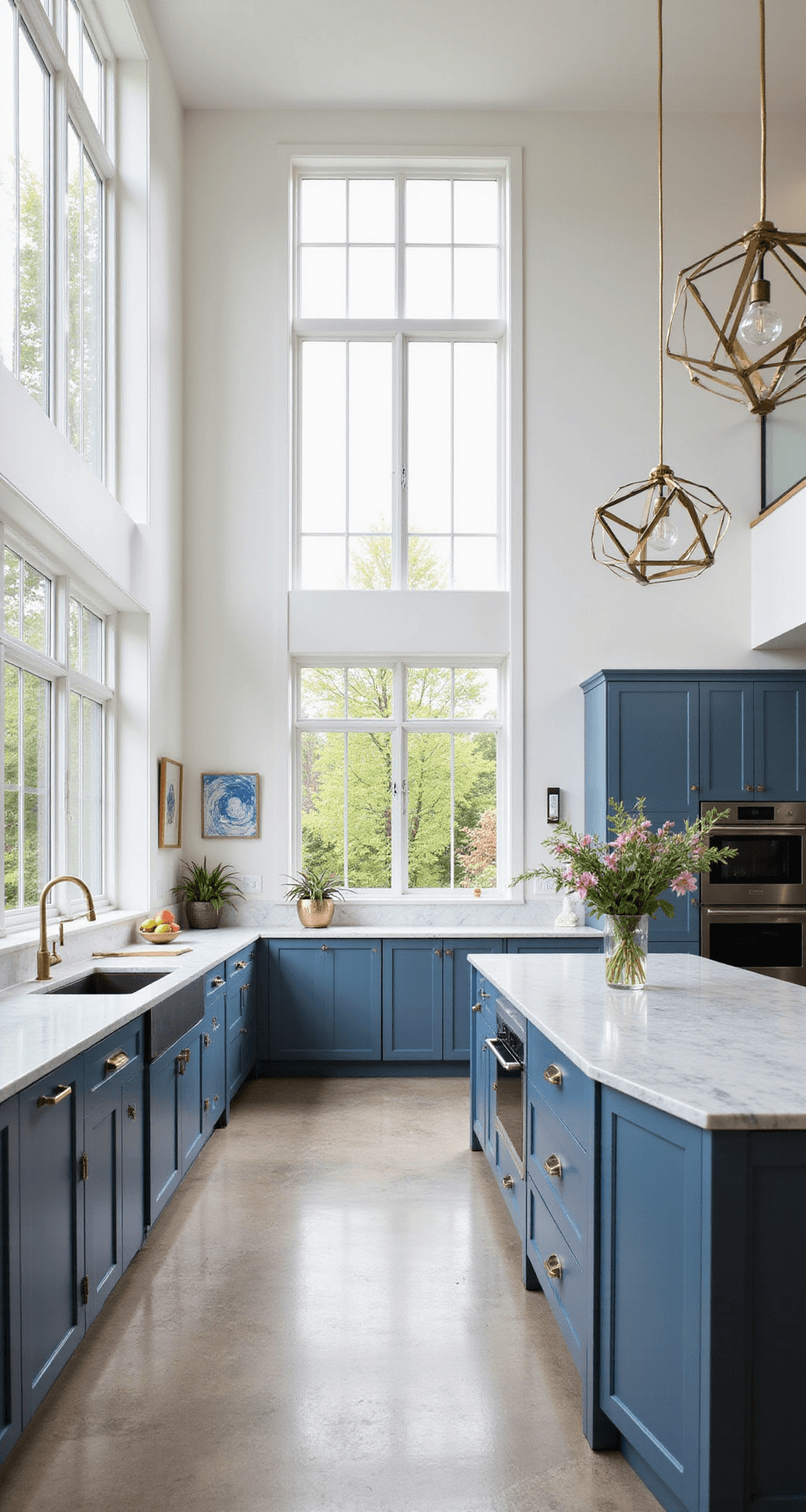 Contemporary open-concept kitchen featuring Stiffkey Blue cabinets, a marble waterfall island, double-height windows, geometric brass pendant lights, and modern decor, with balanced lighting to enhance color depth and vertical lines.