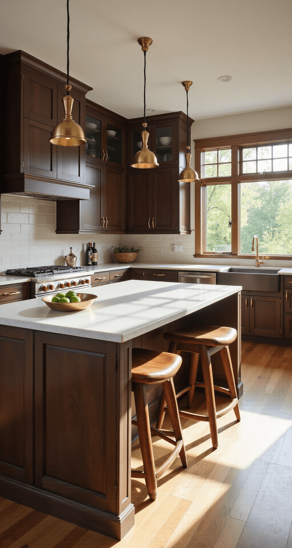 A contemporary kitchen featuring espresso-brown cabinets, Pure White quartz countertops, a center island with leather barstools, and aged brass pendant lights, all illuminated by warm morning light through floor-to-ceiling windows.