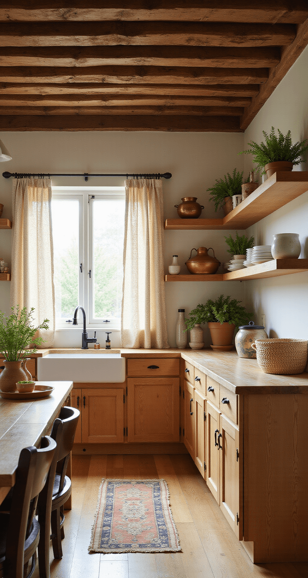 A cozy farmhouse-style kitchen with exposed wooden beams, featuring honey-brown Shaker cabinets, a white farmhouse sink, and butcher block counters. Warm golden hour light filters through cafe curtains, illuminating open shelving filled with vintage pottery and copper cookware. The scene captures natural materials like woven baskets, linen textiles, and terracotta pots with fresh herbs, all within a warm color palette of wheat, cream, and terra cotta.