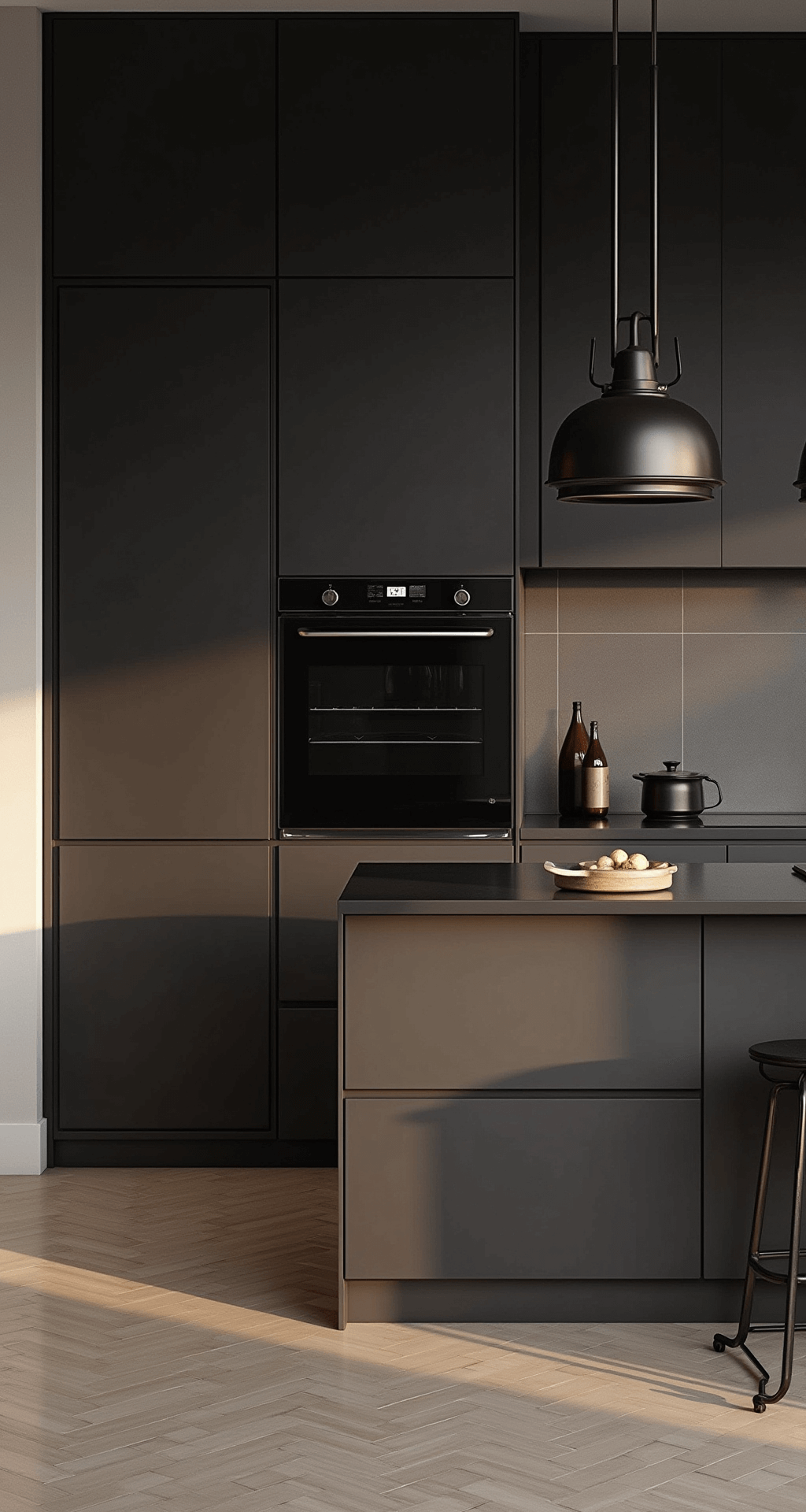 Modern minimalist kitchen featuring deep chocolate brown flat-panel cabinets, matte black countertops, and industrial-style pendant lights, with cool morning light and dramatic shadows in a 14x16ft space.