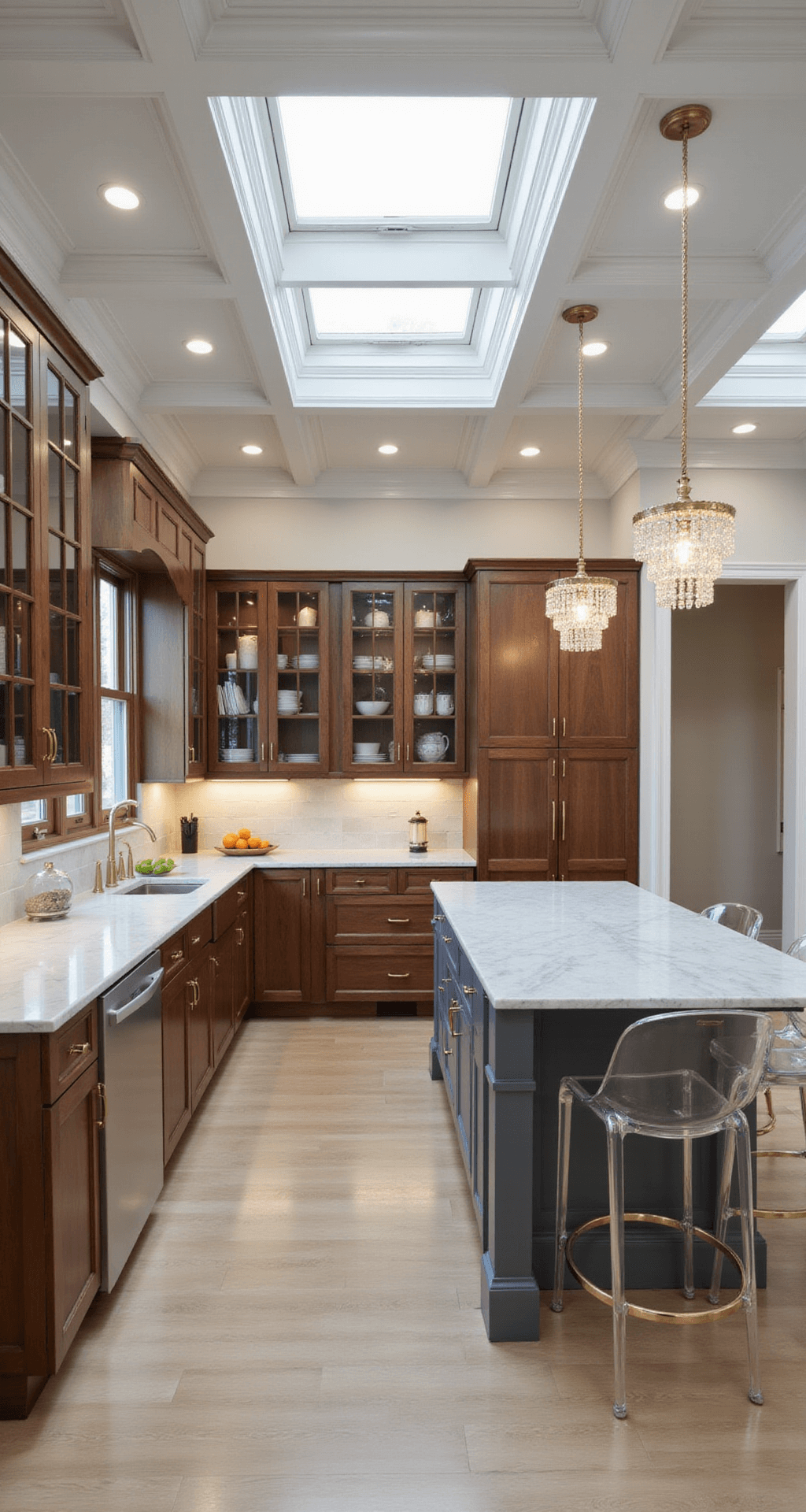 Transitional L-shaped kitchen featuring warm walnut cabinets, marble countertops with grey veining, and a taupe center island with lucite barstools, illuminated by mid-morning light from skylights and layered lighting, including crystal pendants. The design showcases a neutral palette with gold accents and coffered ceilings, viewed from a diagonal entrance to emphasize depth.