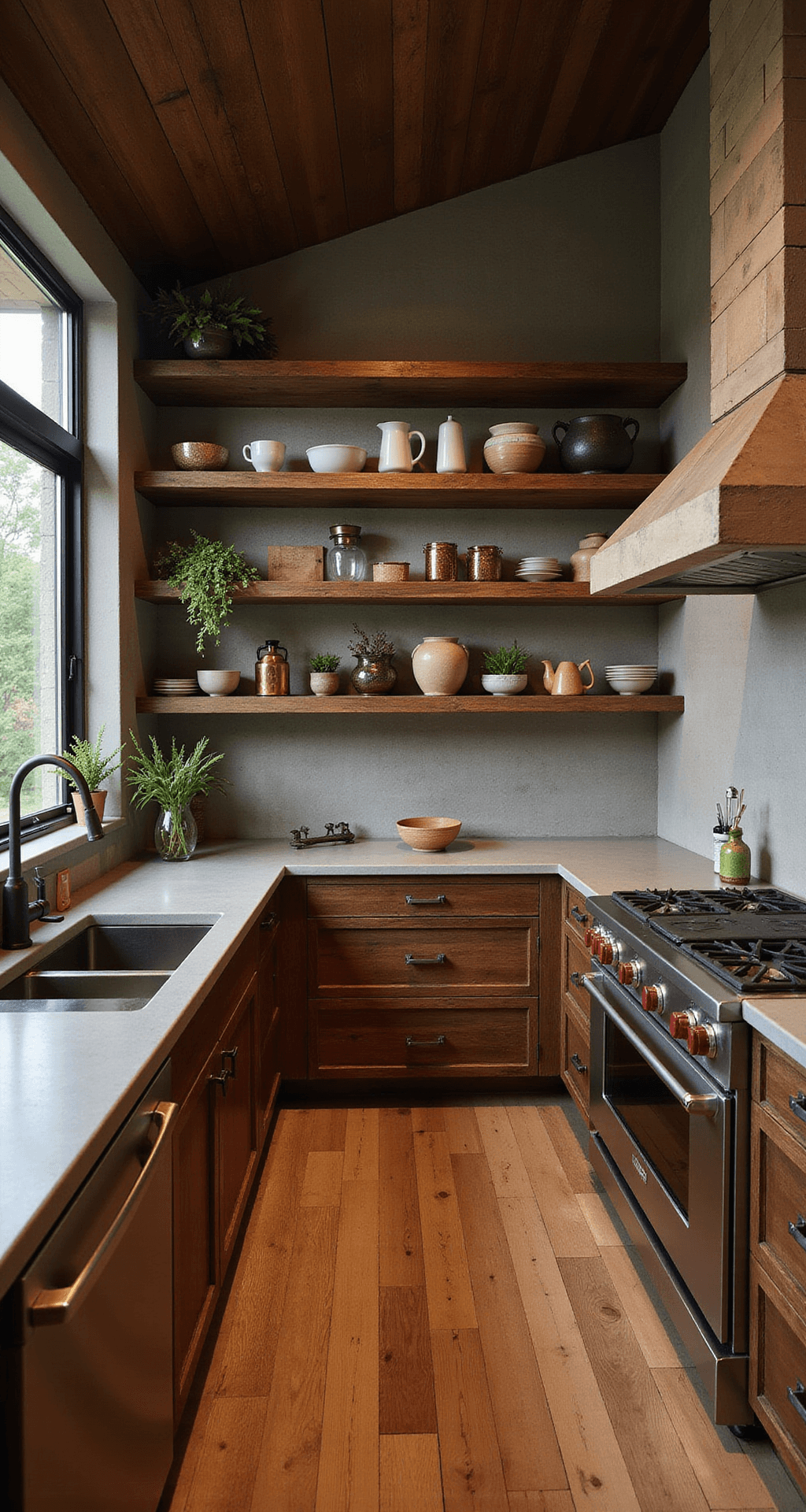 A rustic-modern kitchen featuring distressed brown cabinets, concrete countertops, and open shelving with vintage and modern ceramics. The space has wide-plank flooring and a vaulted ceiling, illuminated by dusk lighting for an intimate atmosphere. Mixed metal fixtures in copper and bronze complement an earth-tone palette with green accents from potted herbs, captured at standing height for architectural emphasis.