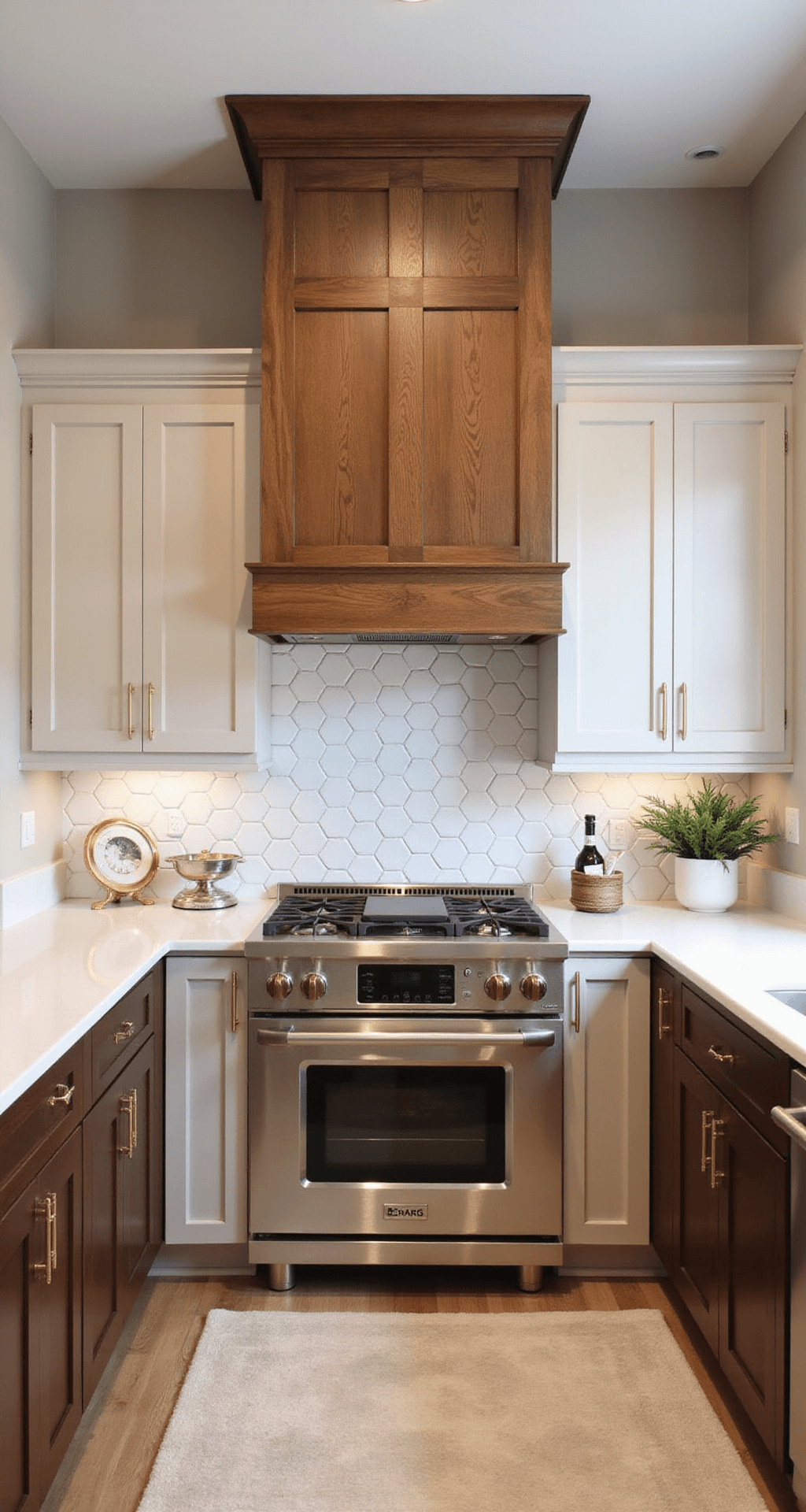 A contemporary 10x14ft galley kitchen featuring two-tone brown cabinets, a light taupe upper and rich walnut lower, with a matching wood hood vent, white hexagon tile backsplash, brushed gold hardware, and mid-day indirect lighting creating a warm and inviting atmosphere. The shot emphasizes symmetry and linear perspective.