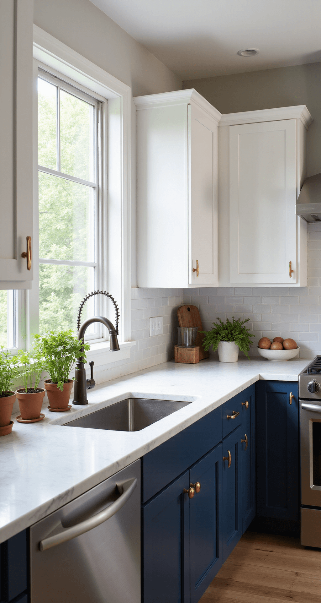 Interior shot of a sunlit modern kitchen featuring DIY two-tone cabinets, deep navy blue lower cabinets, and warm white upper cabinets, with a large window above a farmhouse sink. The image captures custom plywood cabinets with brass hardware, marble countertops casting dramatic shadows in morning light, styled with artisanal ceramics and fresh herbs in terracotta pots. Professional-grade stainless appliances and warm white oak flooring complete the inviting atmosphere.
