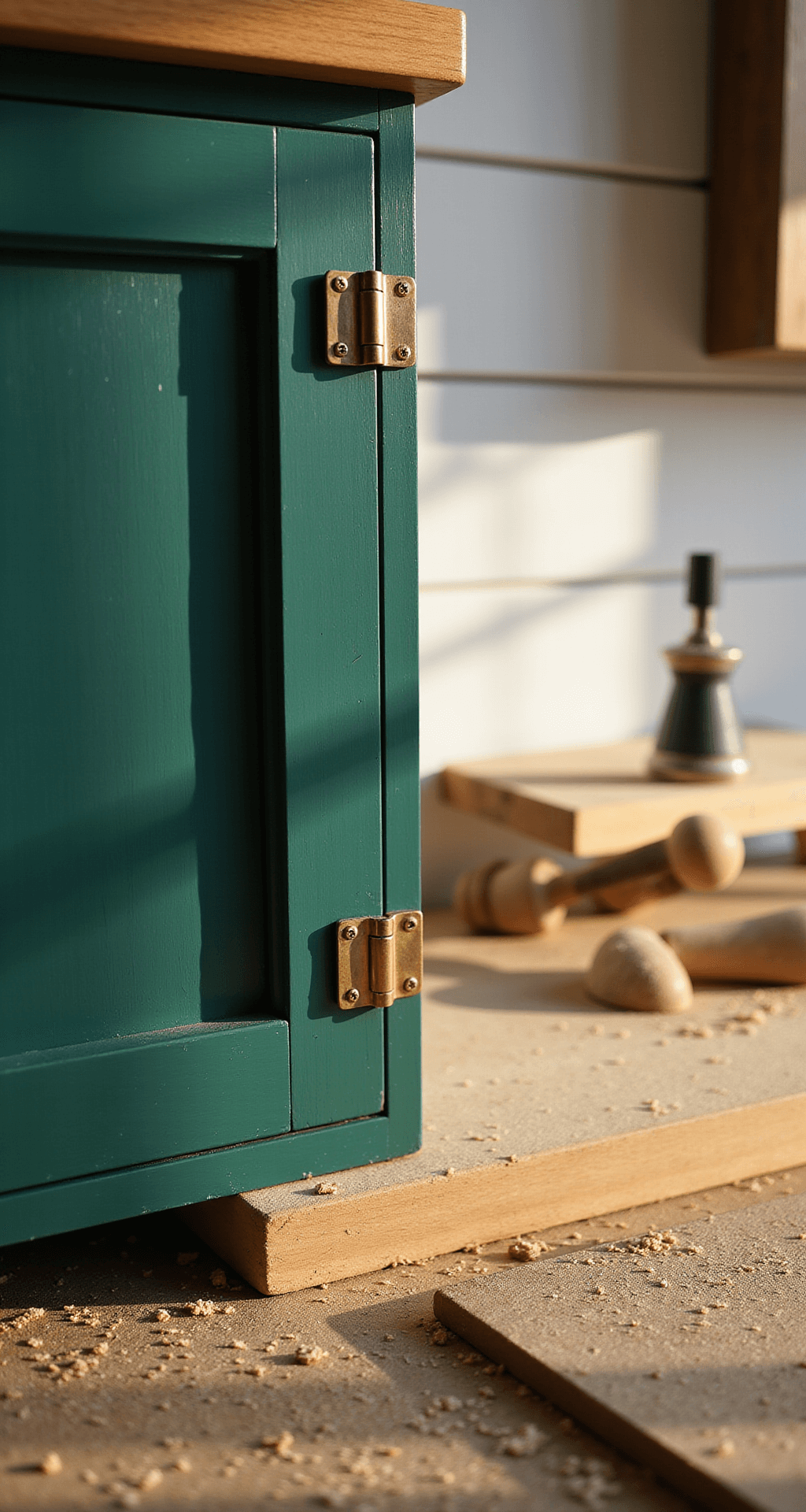 Close-up detail of a handcrafted cabinet showcasing rich forest green painted door frame against a white shiplap wall, illuminated by afternoon light that highlights dovetail joints and premium brass hinges, with woodworking tools arranged on a butcher block counter and sawdust creating a golden hour haze.