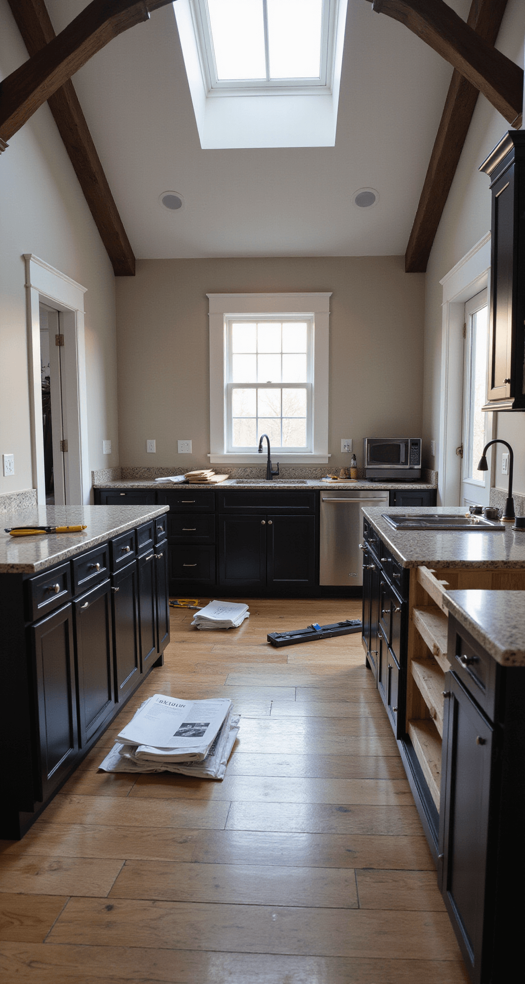 A wide shot of a transitional 12x15ft kitchen with cathedral ceilings and exposed beams, showcasing an RTA cabinet assembly in progress under soft morning light from a skylight. Matte black cabinet components are neatly arranged on a protected hardwood floor, accompanied by tools and an instruction manual, all captured from a 6ft height to portray the complete workflow.
