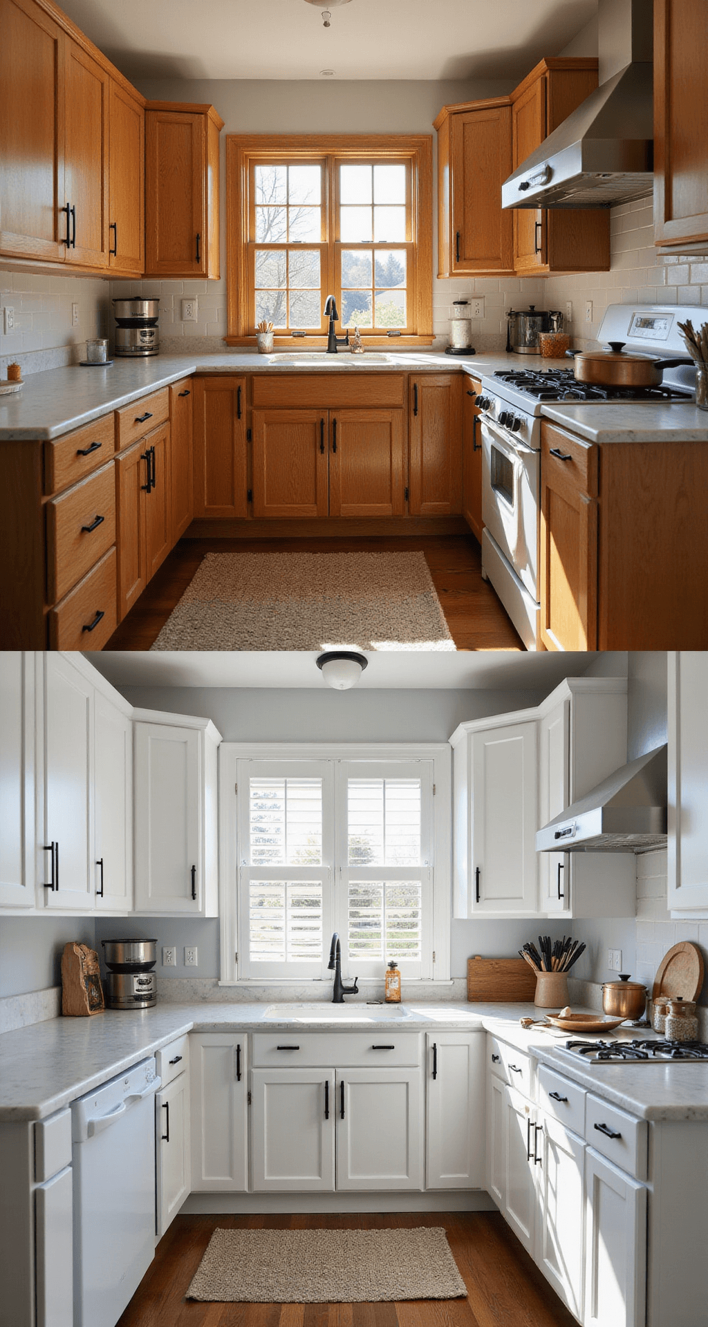 Split screen image showcasing a dramatic transformation of dated oak cabinets refinished in matte white, highlighted by golden hour sunlight through plantation shutters. The new minimalist matte black hardware provides contrast, accompanied by marble accessories and copper cookware, all captured from a straight-on perspective at counter height.