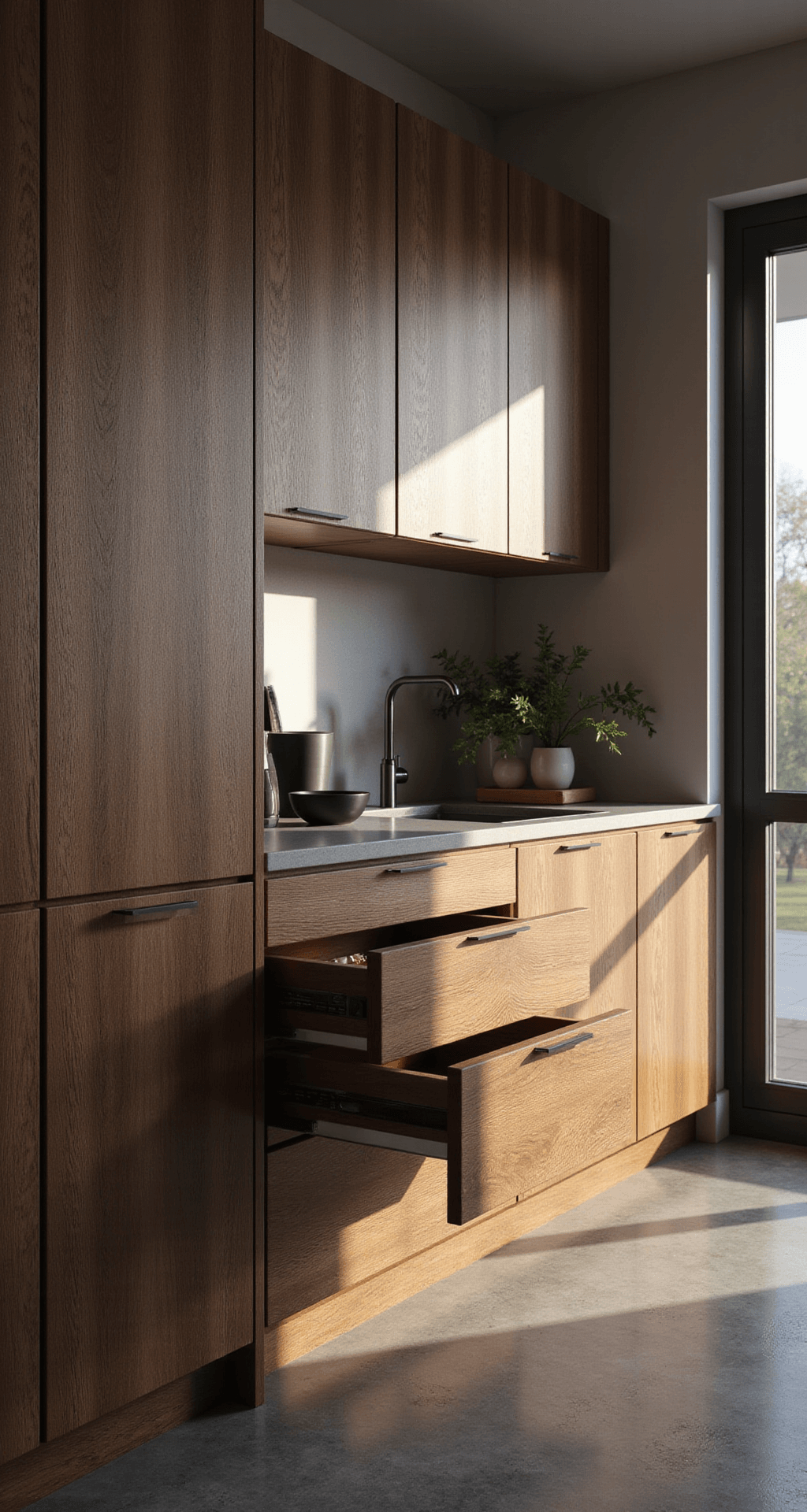 Modern kitchen vignette featuring floor-to-ceiling walnut cabinets with integrated handles, showcasing soft-close drawers in atmospheric afternoon light, styled with contemporary ceramics and minimalist decor, captured from a slight elevation with dramatic side lighting.