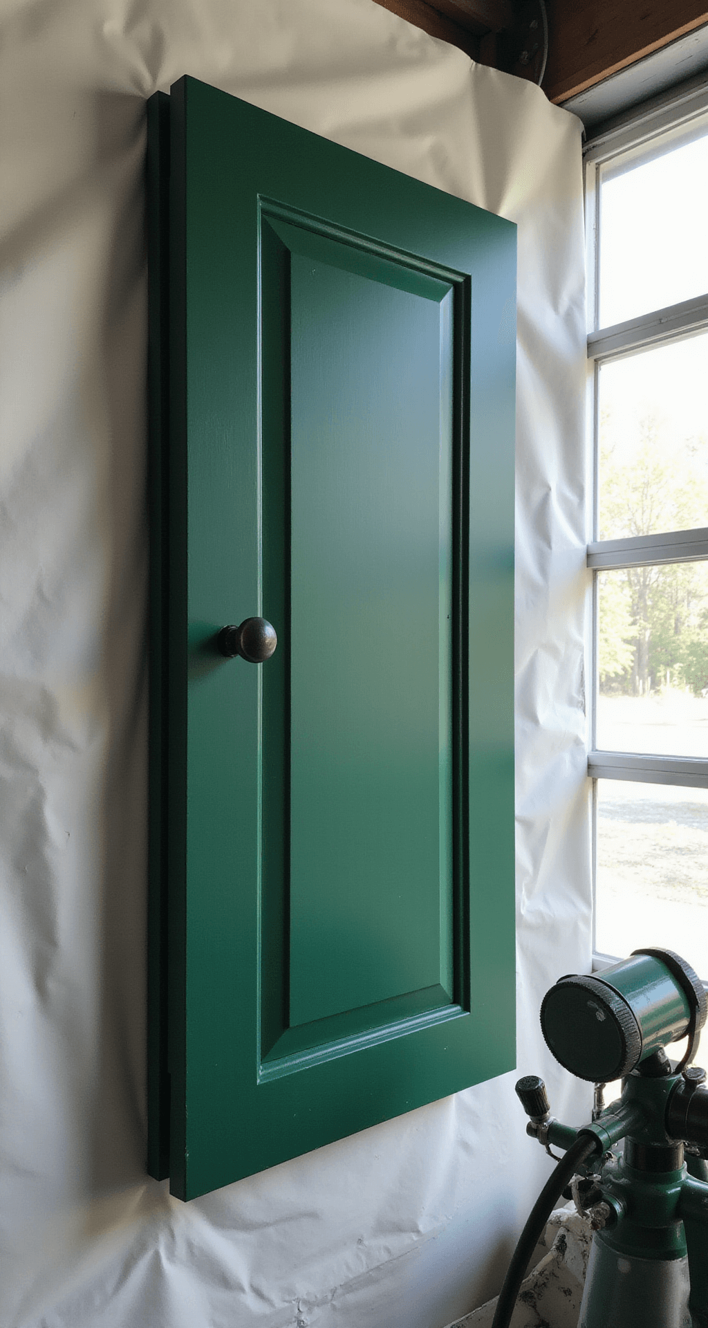 A detailed process shot of a cabinet painting technique in a garage workshop, featuring professional spray equipment organized neatly. A sample cabinet door in deep forest green is displayed against a white backdrop, with morning light streaming through translucent windows. The close-up shot at eye level highlights the spray pattern and texture, with key light enhancing the scene from the left and fill light for clarity on technical details.